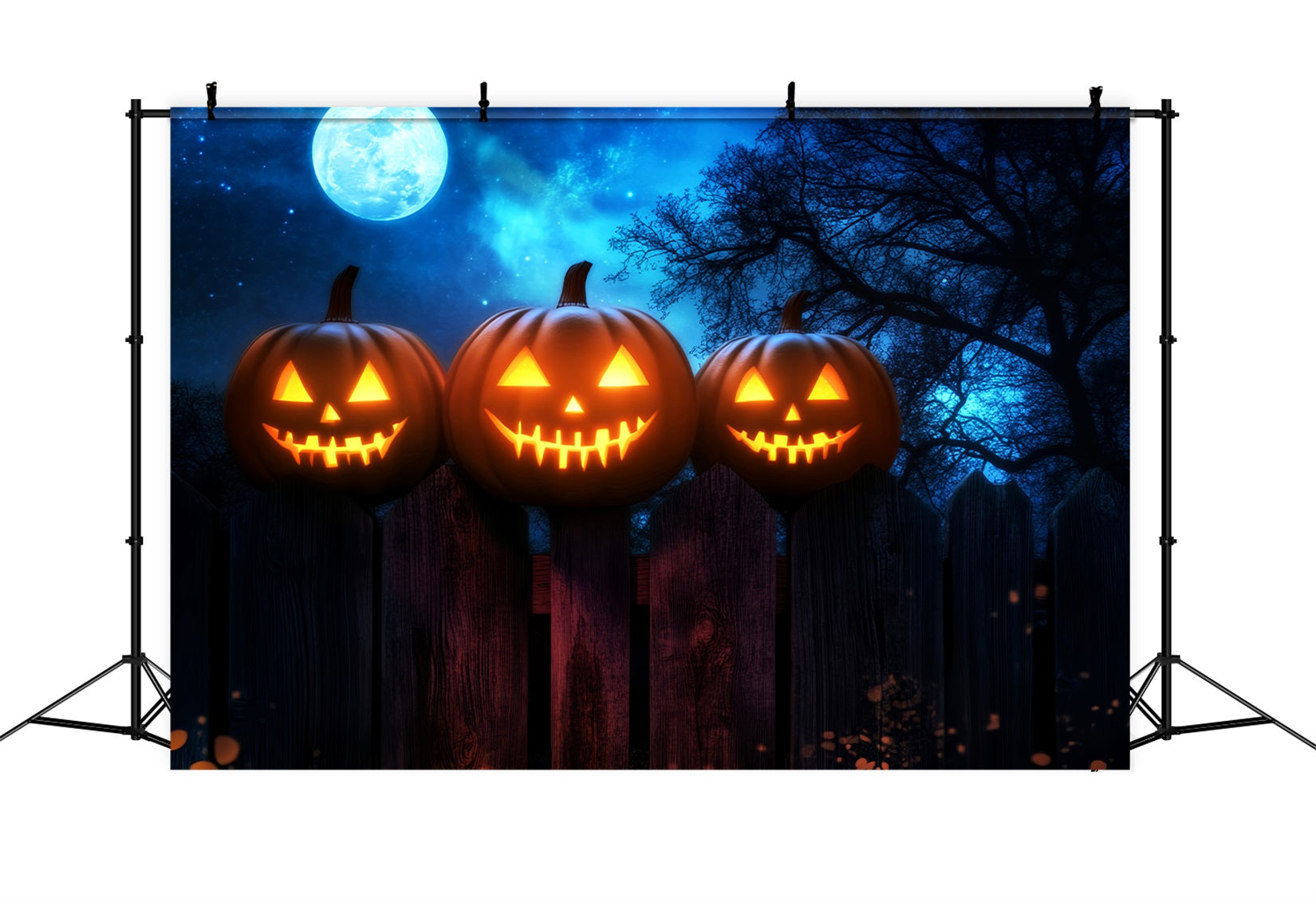 Haunted Forest Backdrop Glowing Pumpkins Fence Moonlight Halloween Backdrop UK LXX59-136