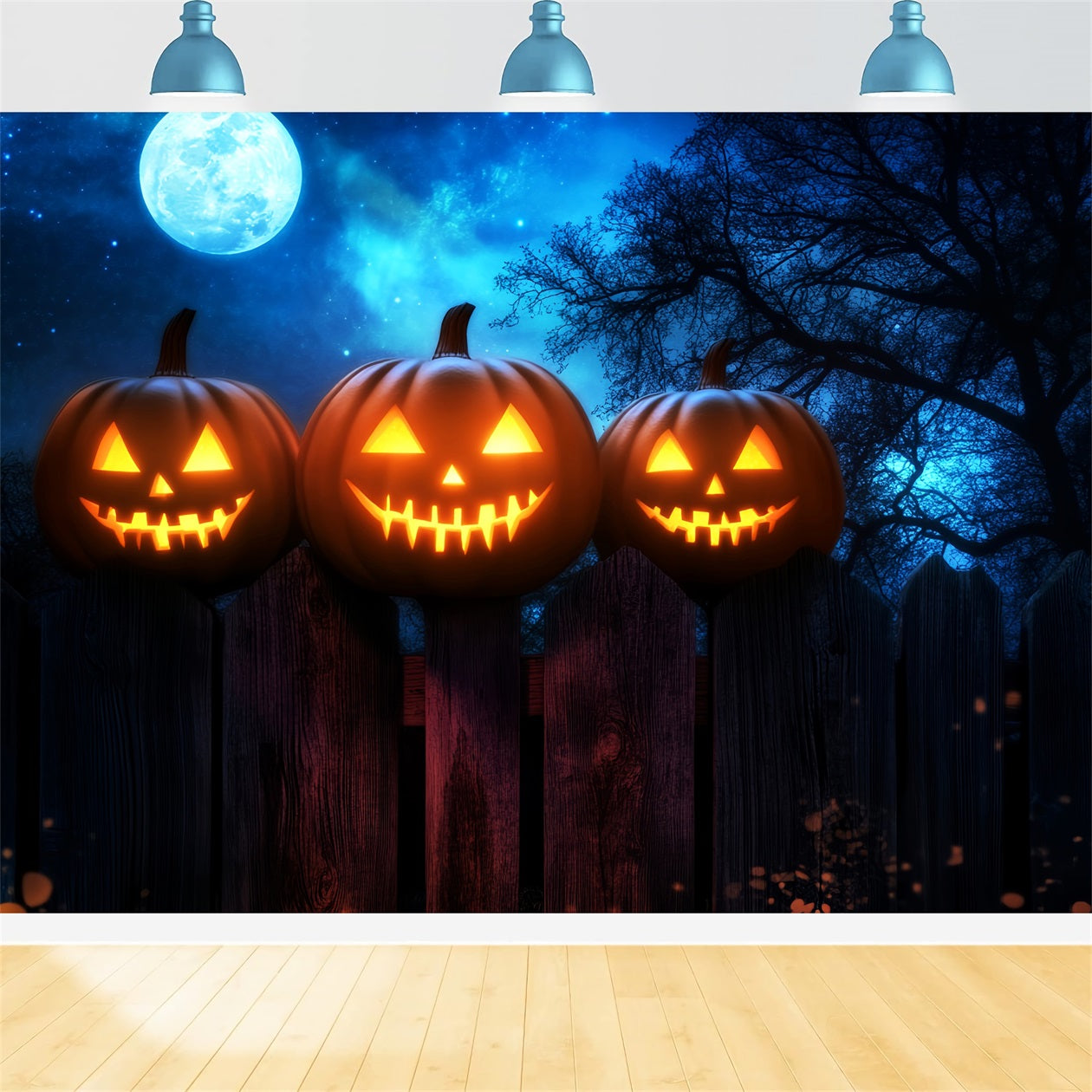 Haunted Forest Backdrop Glowing Pumpkins Fence Moonlight Halloween Backdrop UK LXX59-136