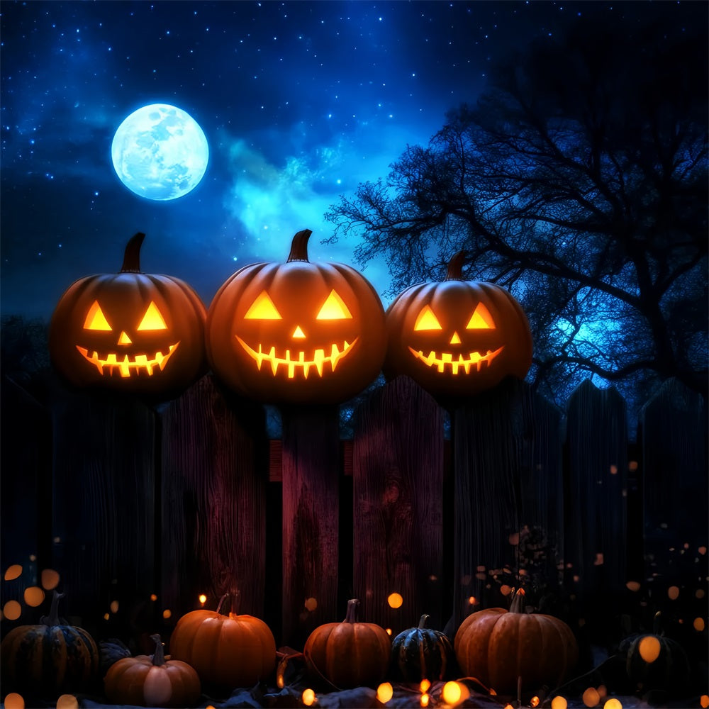 Haunted Forest Backdrop Glowing Pumpkins Fence Moonlight Halloween Backdrop UK LXX59-136
