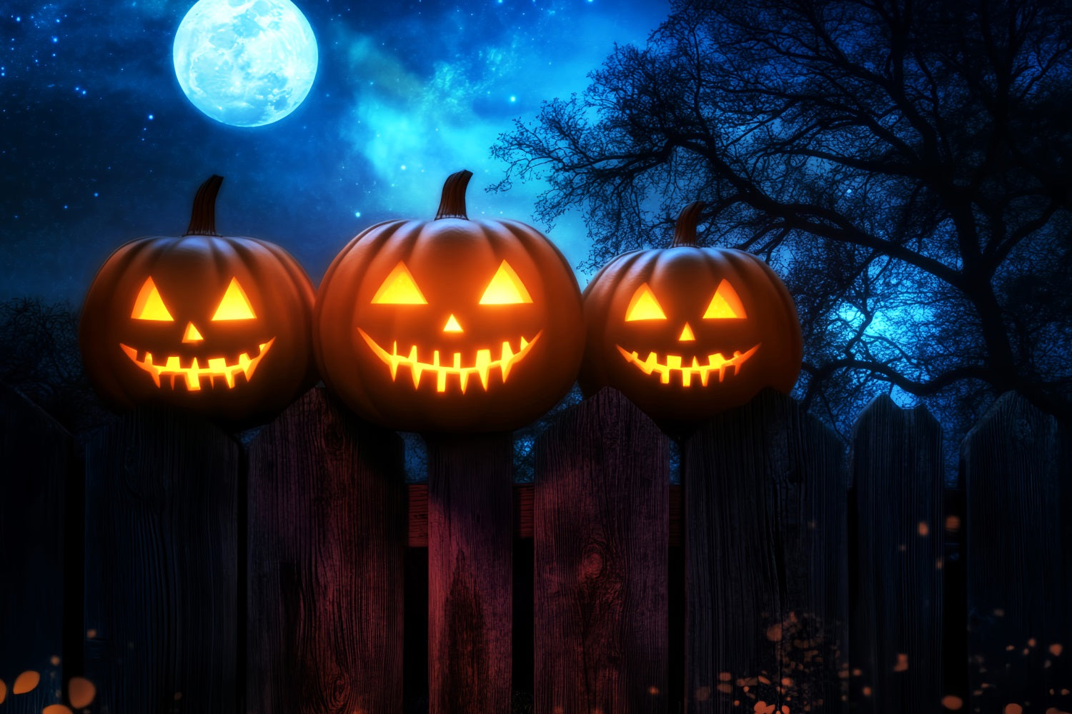 Haunted Forest Backdrop Glowing Pumpkins Fence Moonlight Halloween Backdrop UK LXX59-136