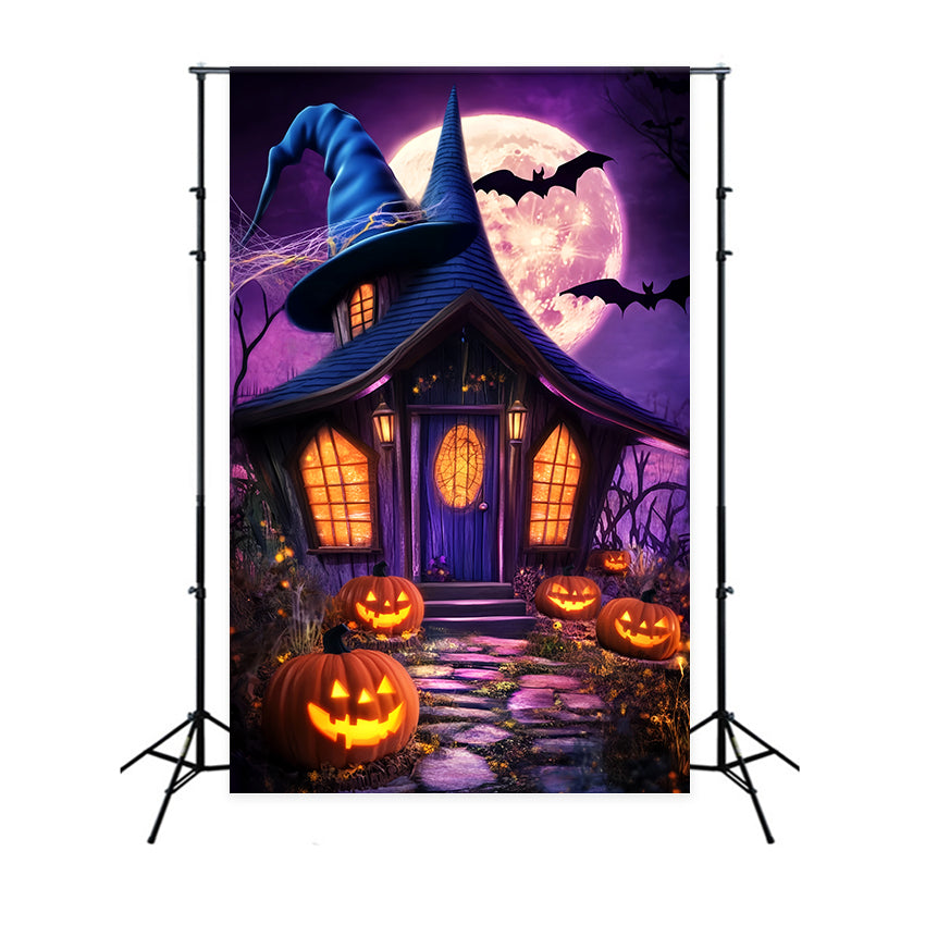 Haunted Forest Backdrop Witch Hat Cottage Pumpkin Lanterns Halloween Moon Backdrop UK LXX59-138