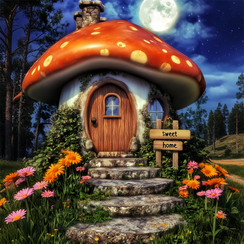 Haunted Forest Backdrop Whimsical Mushroom House Moon Halloween Backdrop UK LXX59-139
