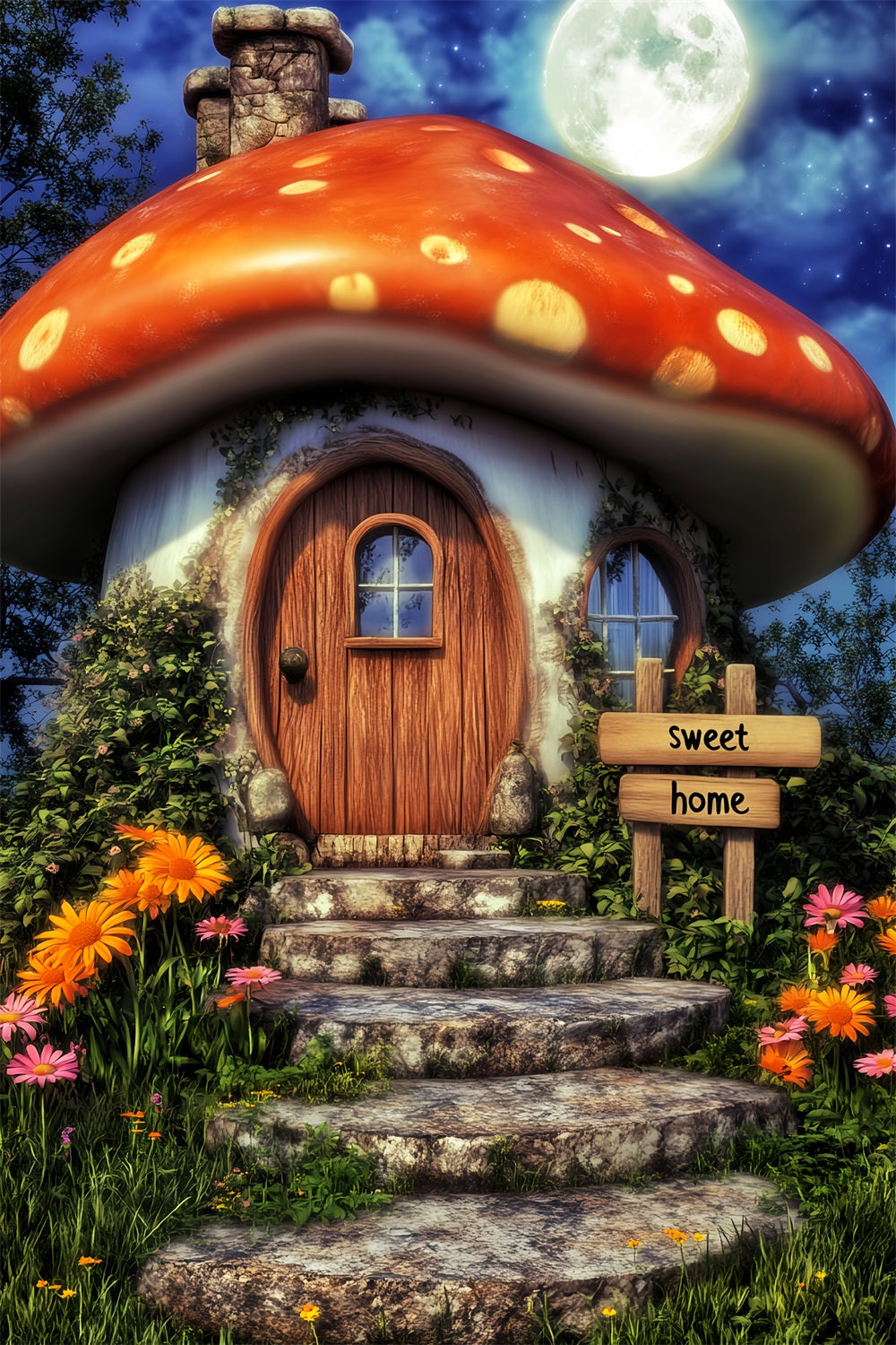 Haunted Forest Backdrop Whimsical Mushroom House Moon Halloween Backdrop UK LXX59-139