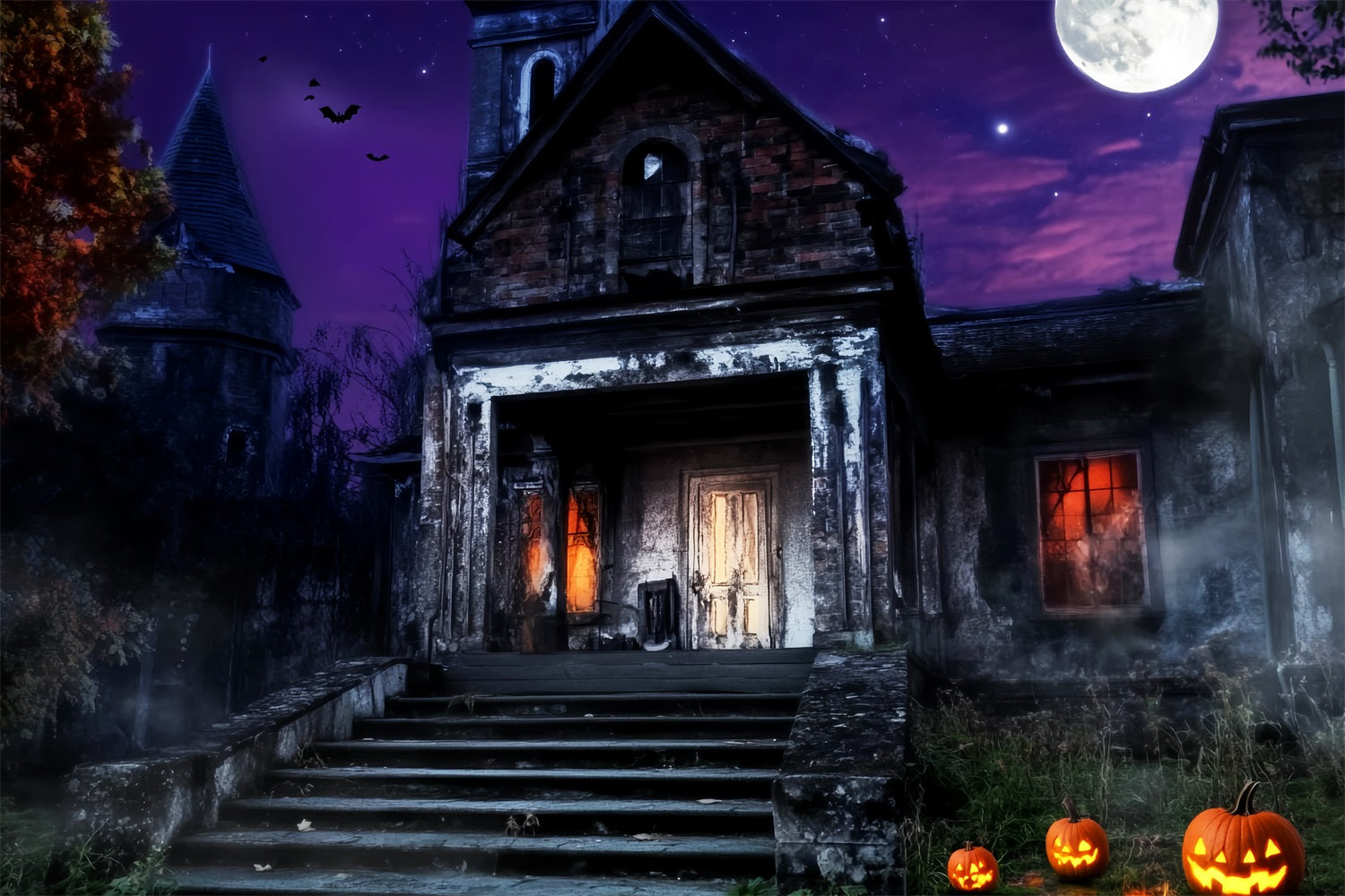 Graveyard Backdrop Haunted Mansion Purple Sky Halloween Photo Backdrop UK LXX59-157