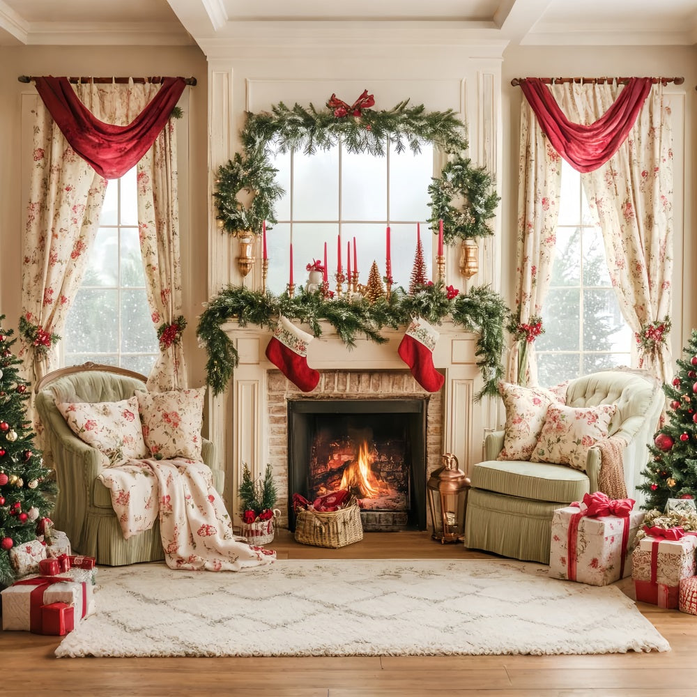 Candyland Backdrop Stockings Vintage Fireplace Mantel Christmas Photo Backdrop UK LXX59-164
