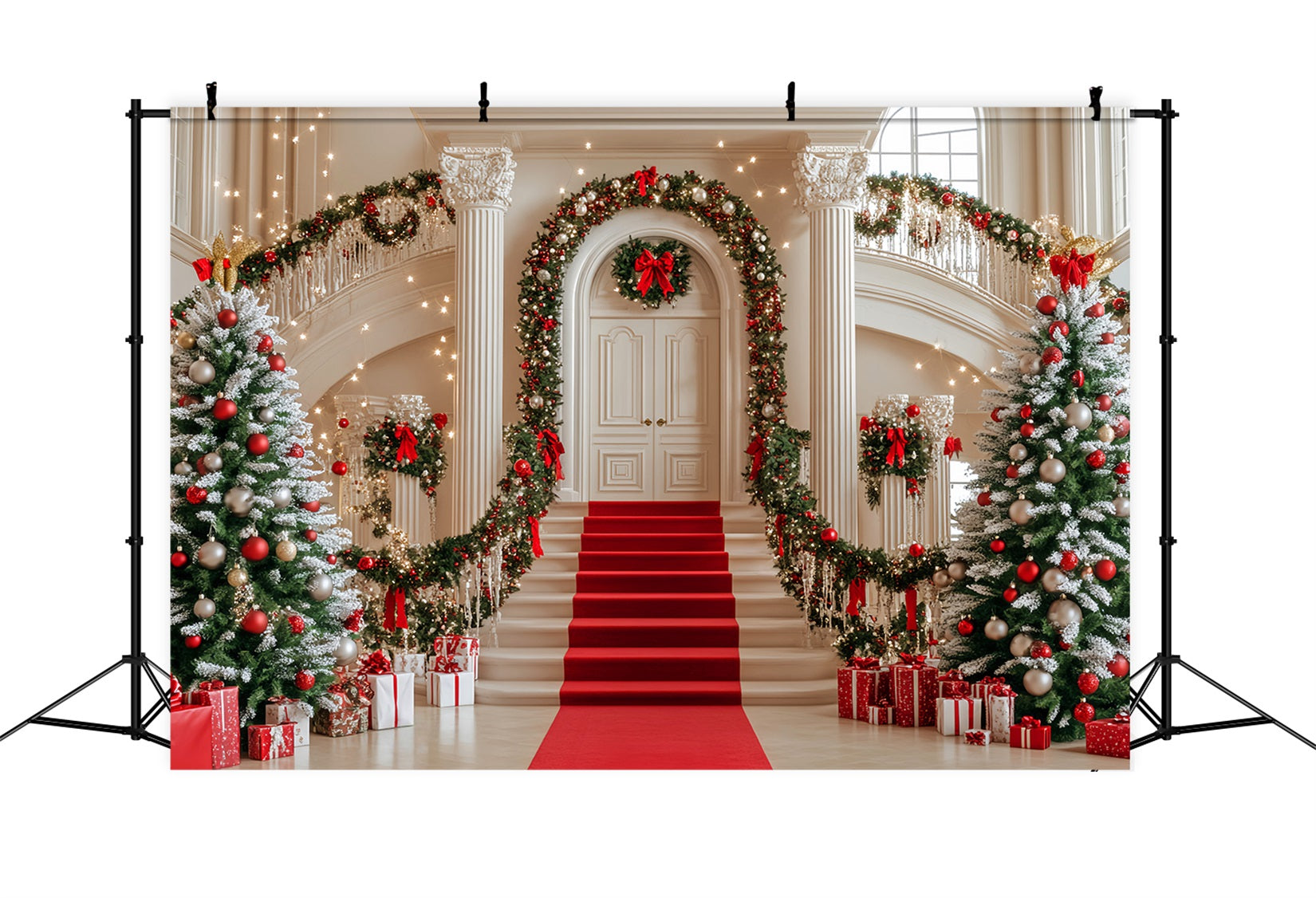Christmas Tree Backdrop Staircase Garland Red Ornaments Christmas Photo Backdrop UK LXX59-172
