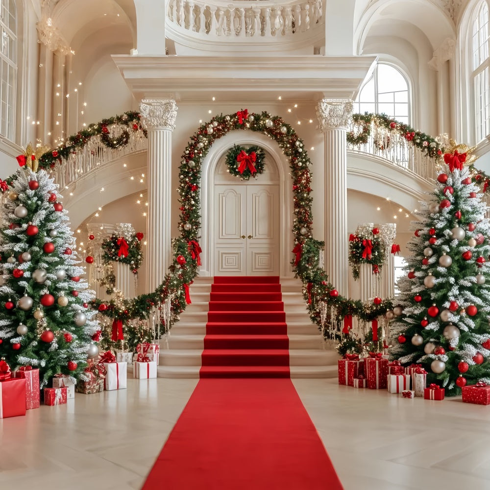 Christmas Tree Backdrop Staircase Garland Red Ornaments Christmas Photo Backdrop UK LXX59-172