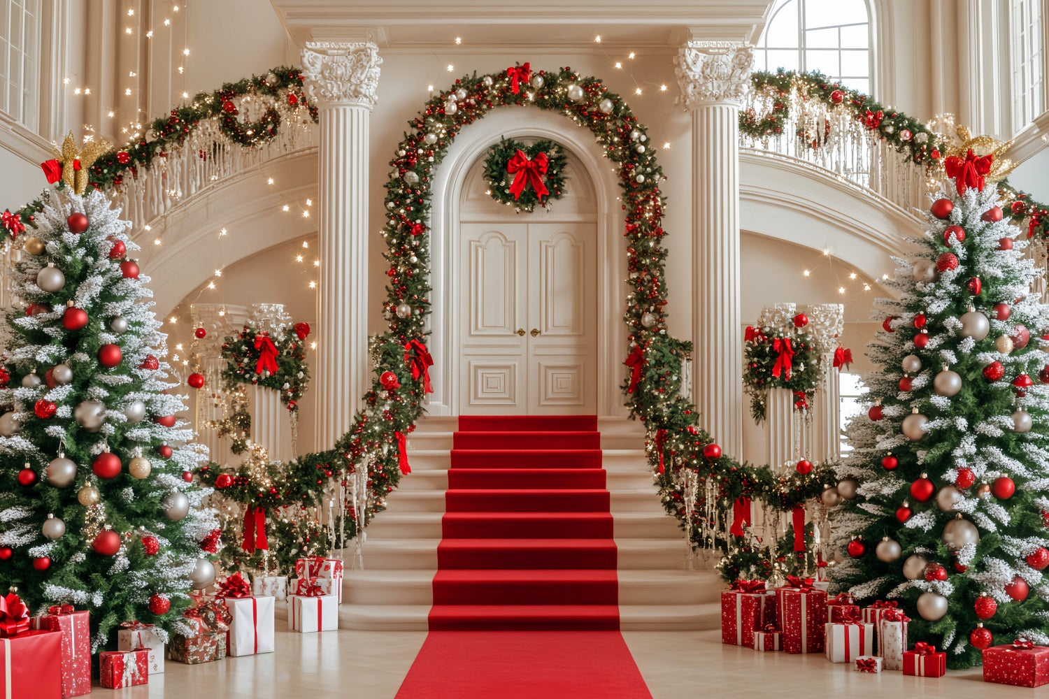 Christmas Tree Backdrop Staircase Garland Red Ornaments Christmas Photo Backdrop UK LXX59-172