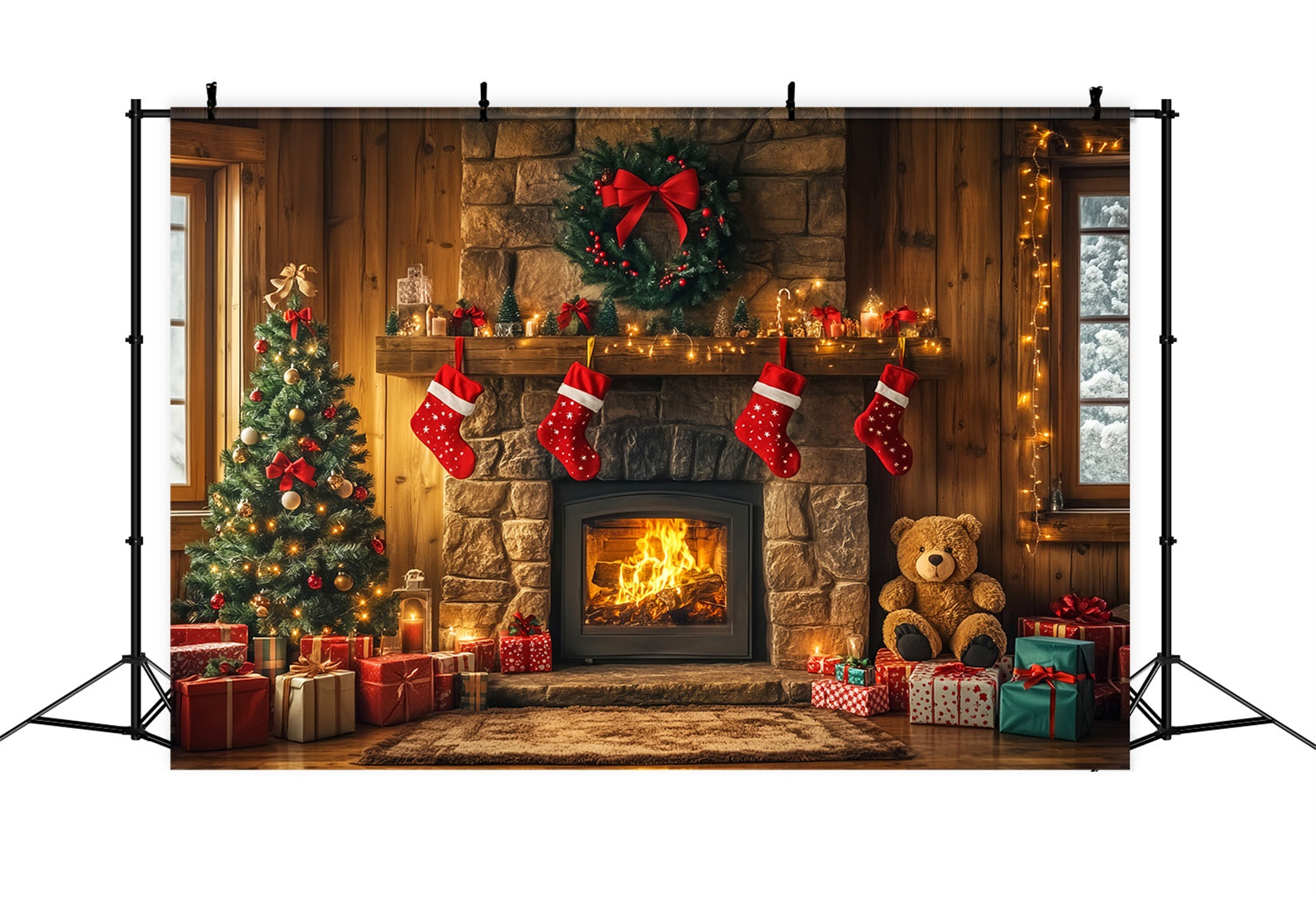Christmas Fireplace Backdrop Stockings Garland Christmas Backdrop for Photos UK LXX59-173