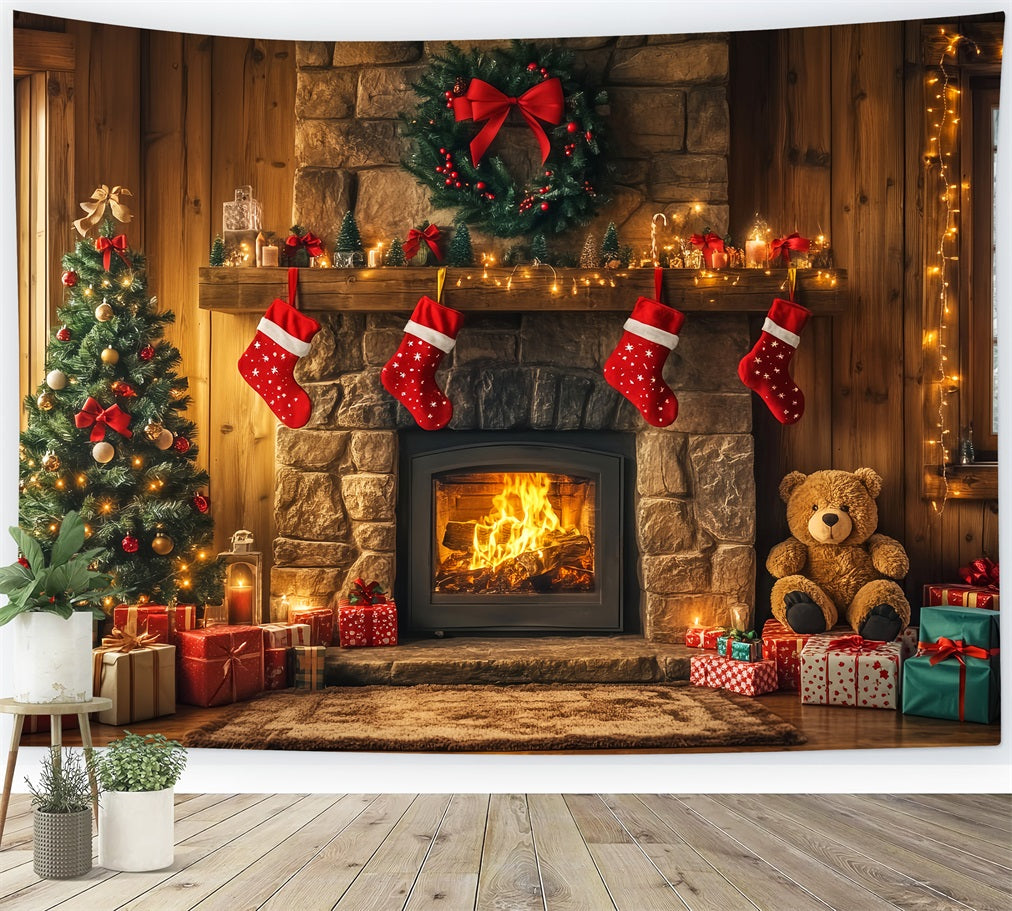 Christmas Fireplace Backdrop Stockings Garland Christmas Backdrop for Photos UK LXX59-173
