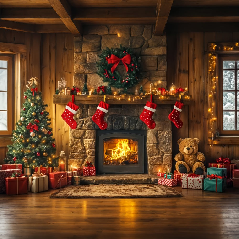 Christmas Fireplace Backdrop Stockings Garland Christmas Backdrop for Photos UK LXX59-173