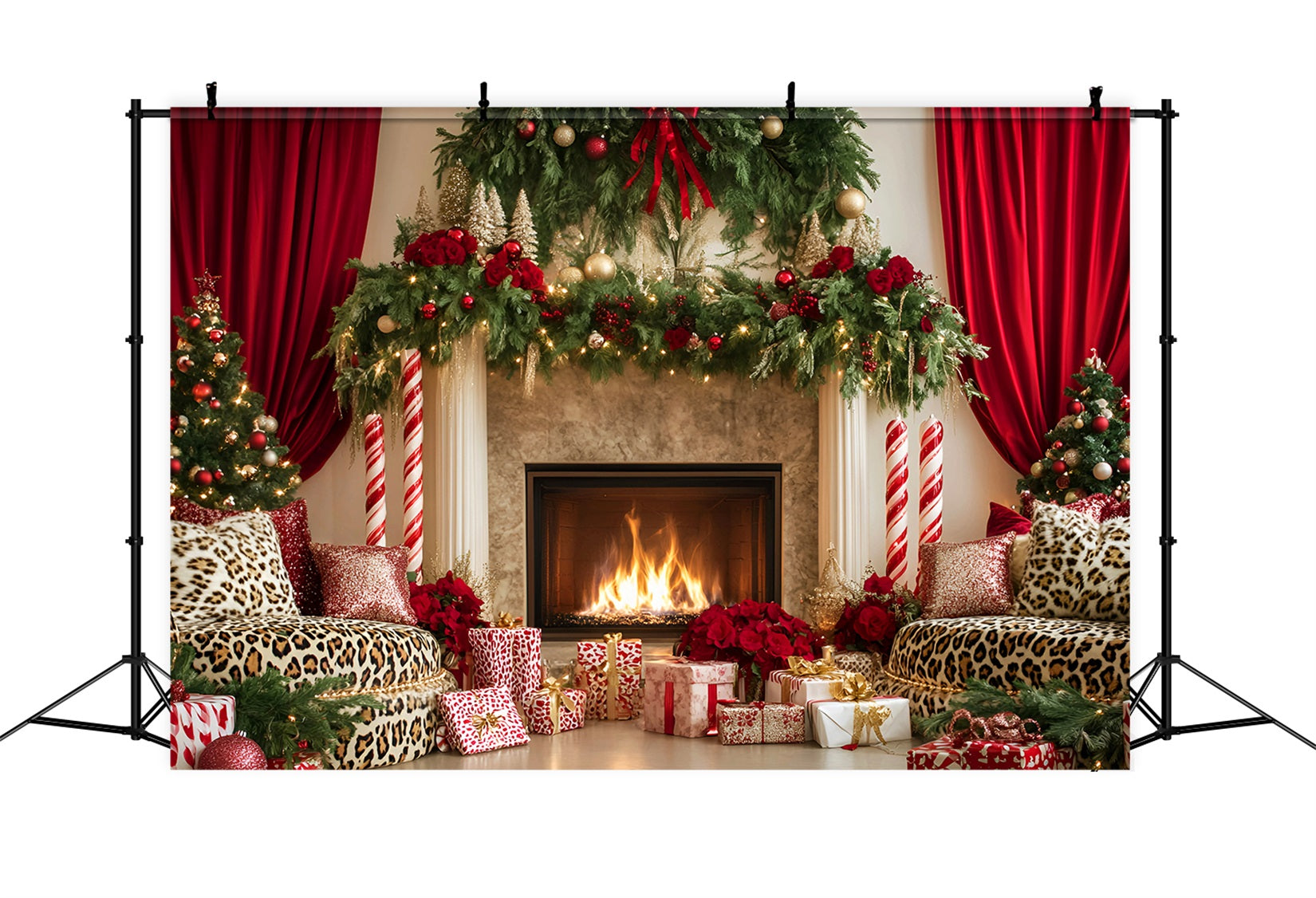 Christmas Fireplace Backdrop Elegant Red Curtain Christmas Backdrops for Photography UK LXX59-174