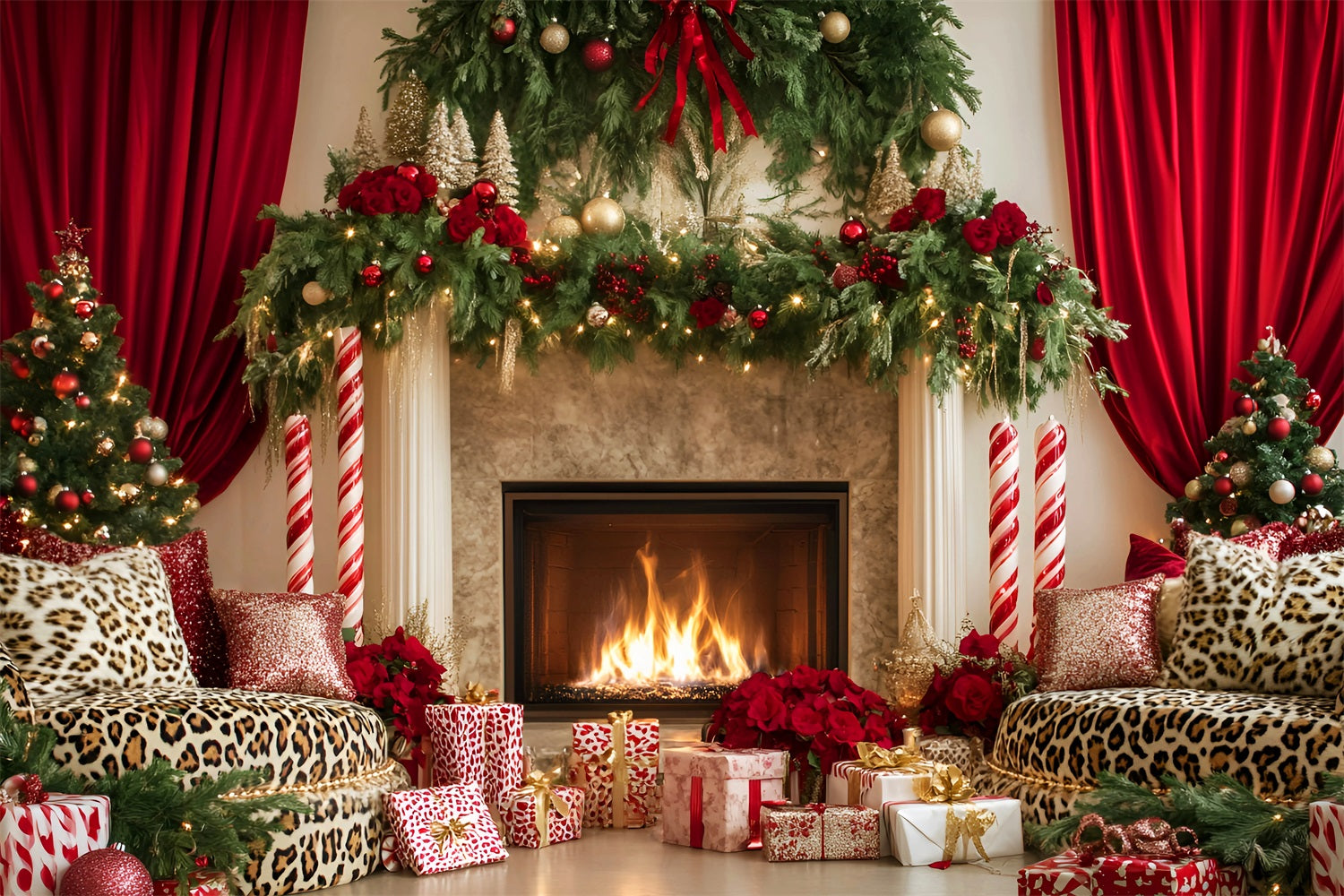 Christmas Fireplace Backdrop Elegant Red Curtain Christmas Backdrops for Photography UK LXX59-174