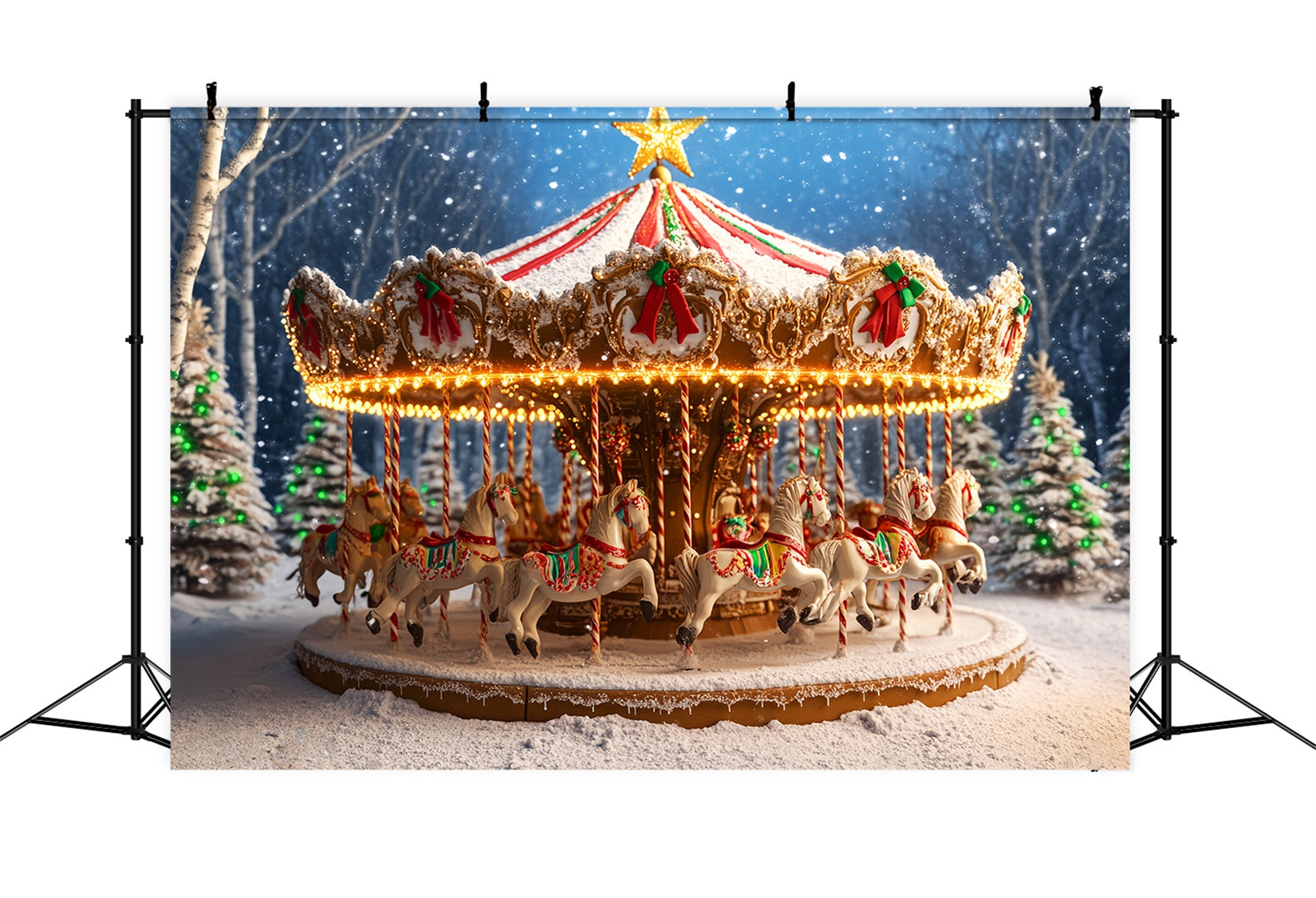 Gingerbread Backdrop Snowy Carousel Horse Ride Christmas Photography Backdrops UK LXX59-177