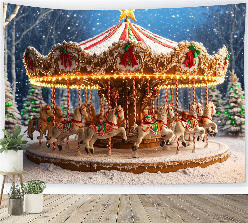 Gingerbread Backdrop Snowy Carousel Horse Ride Christmas Photography Backdrops UK LXX59-177