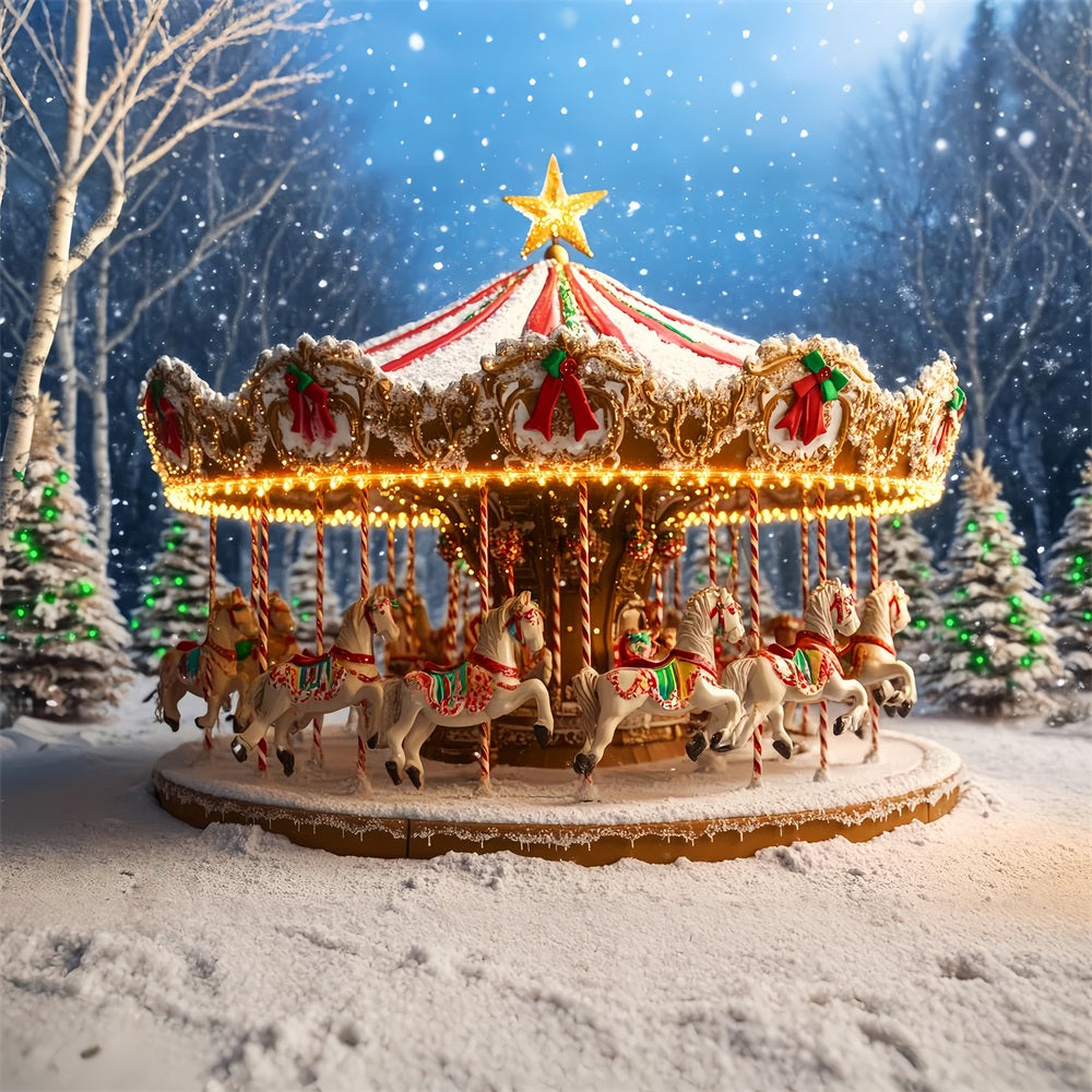 Gingerbread Backdrop Snowy Carousel Horse Ride Christmas Photography Backdrops UK LXX59-177
