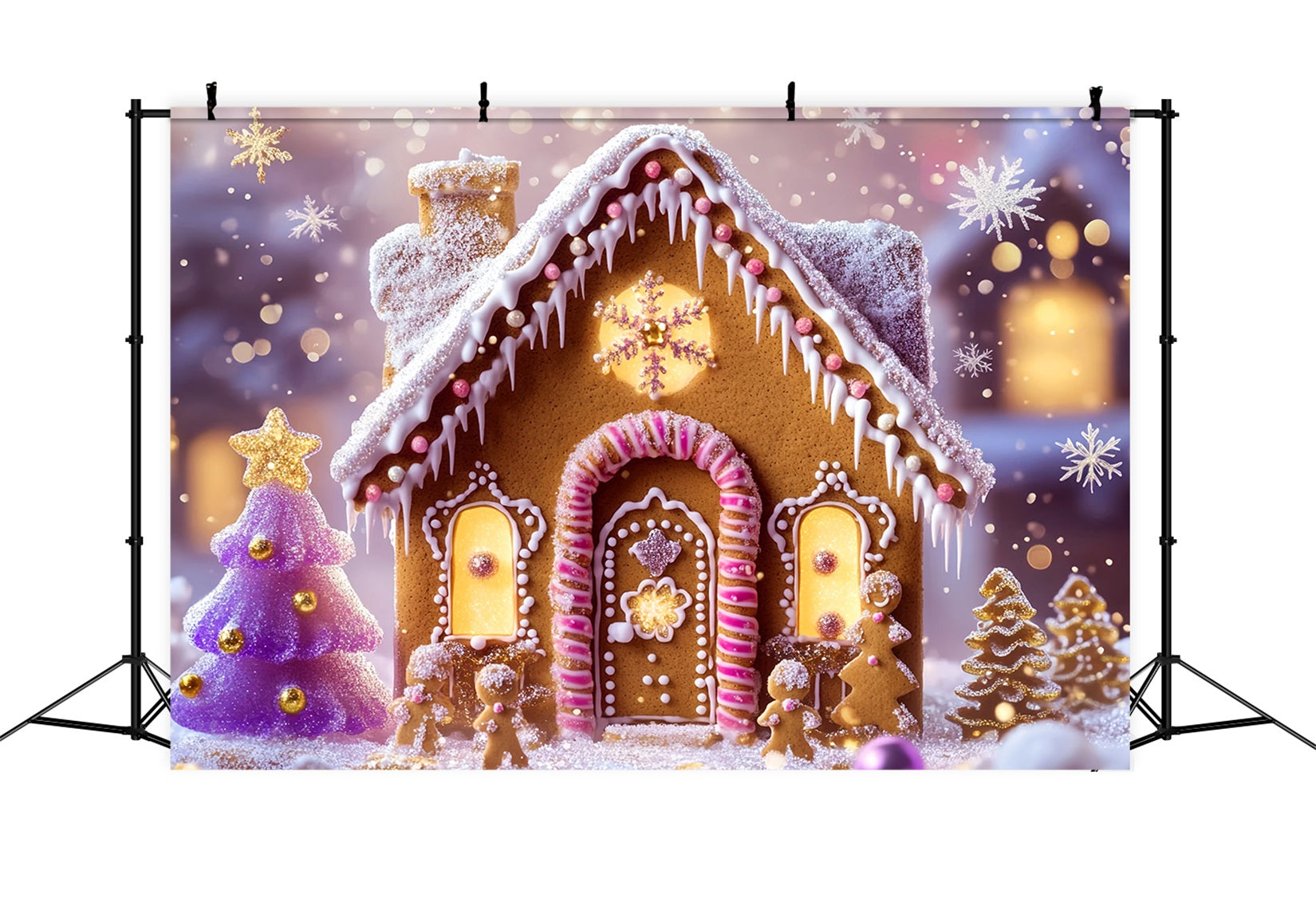 Gingerbread House Backdrop Glittering Gingerbread Cottage Lights Christmas Backdrops UK LXX59-179