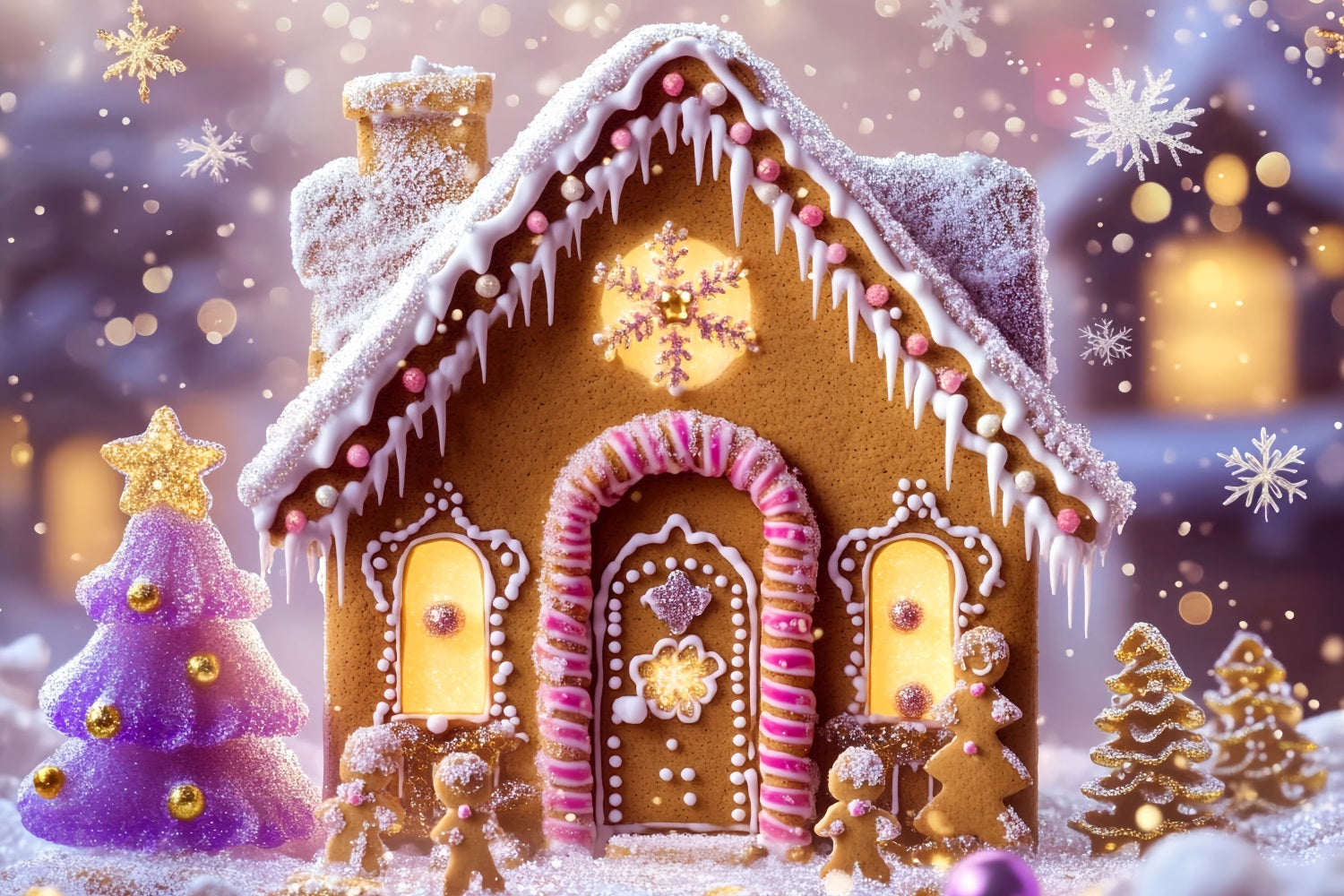 Gingerbread House Backdrop Glittering Gingerbread Cottage Lights Christmas Backdrops UK LXX59-179