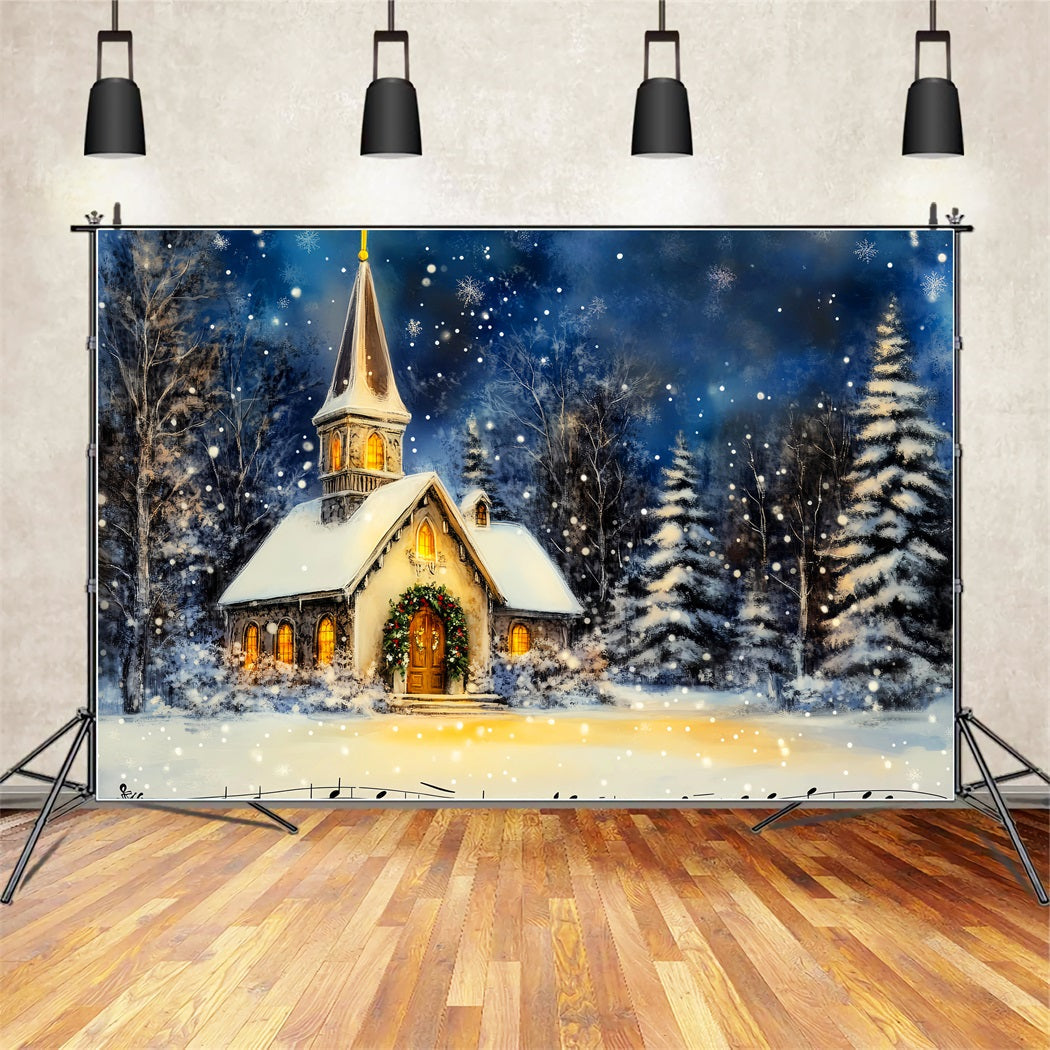 Christmas Church Backdrop Snowy Winter Night Christmas Backdrop for Photos UK LXX59-184