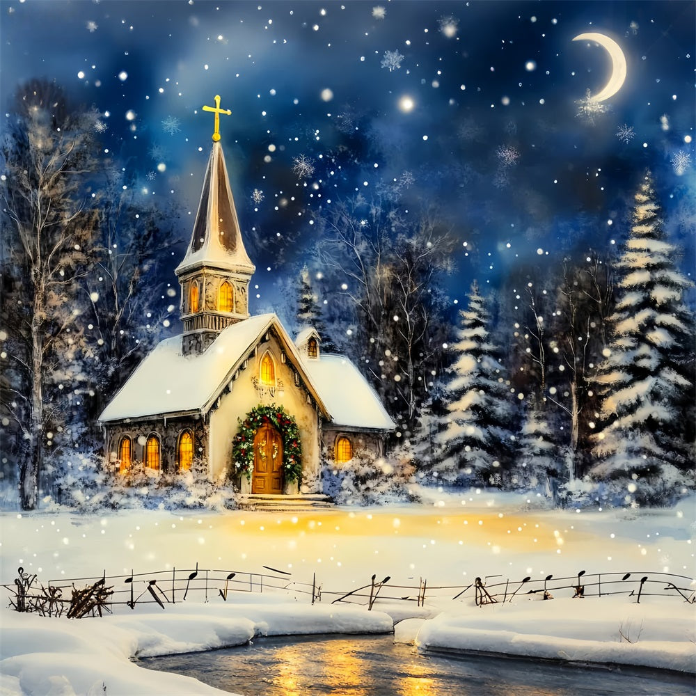 Christmas Church Backdrop Snowy Winter Night Christmas Backdrop for Photos UK LXX59-184