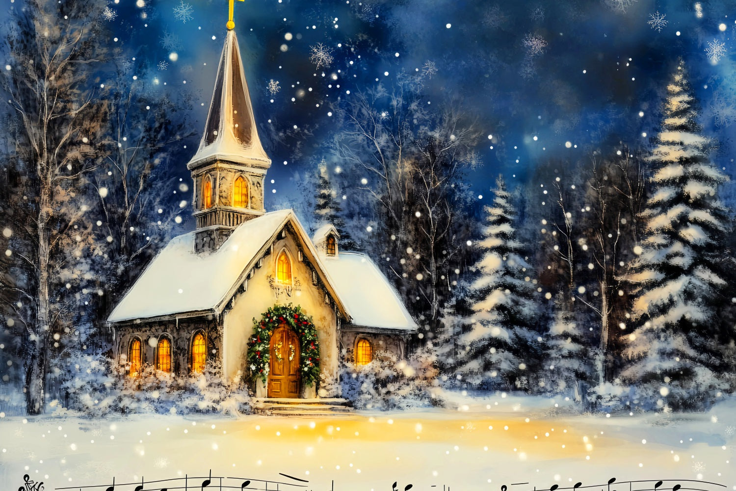 Christmas Church Backdrop Snowy Winter Night Christmas Backdrop for Photos UK LXX59-184