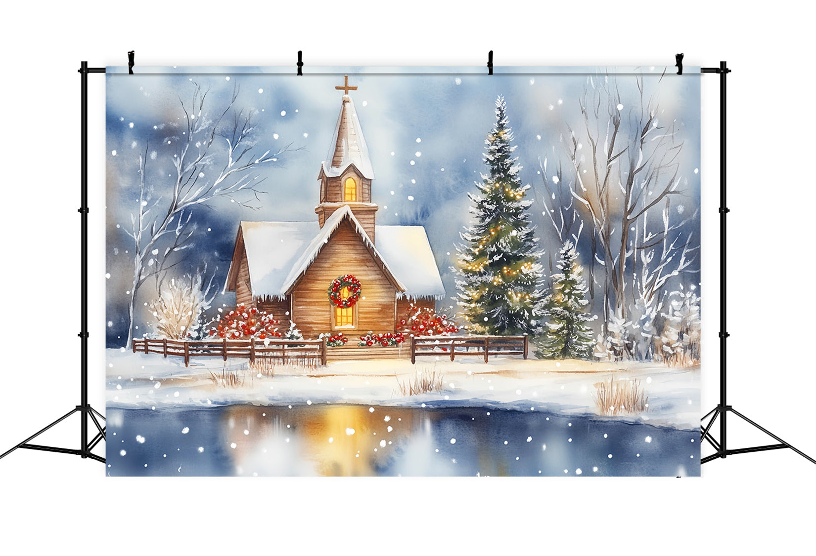 Christmas Church Backdrop Snowy Chapel Lakeside Reflection Christmas Backdrops UK LXX59-185