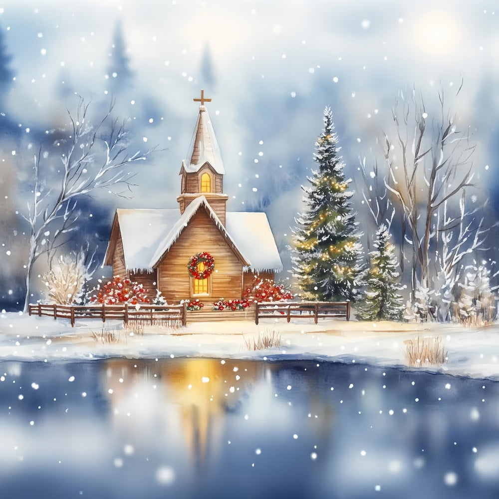 Christmas Church Backdrop Snowy Chapel Lakeside Reflection Christmas Backdrops UK LXX59-185