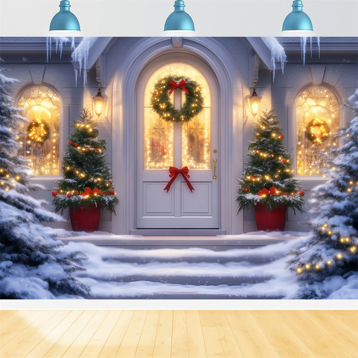 Christmas Church Backdrop Festive Doorway Wreath Lights Christmas Backdrops Sale UK LXX59-187