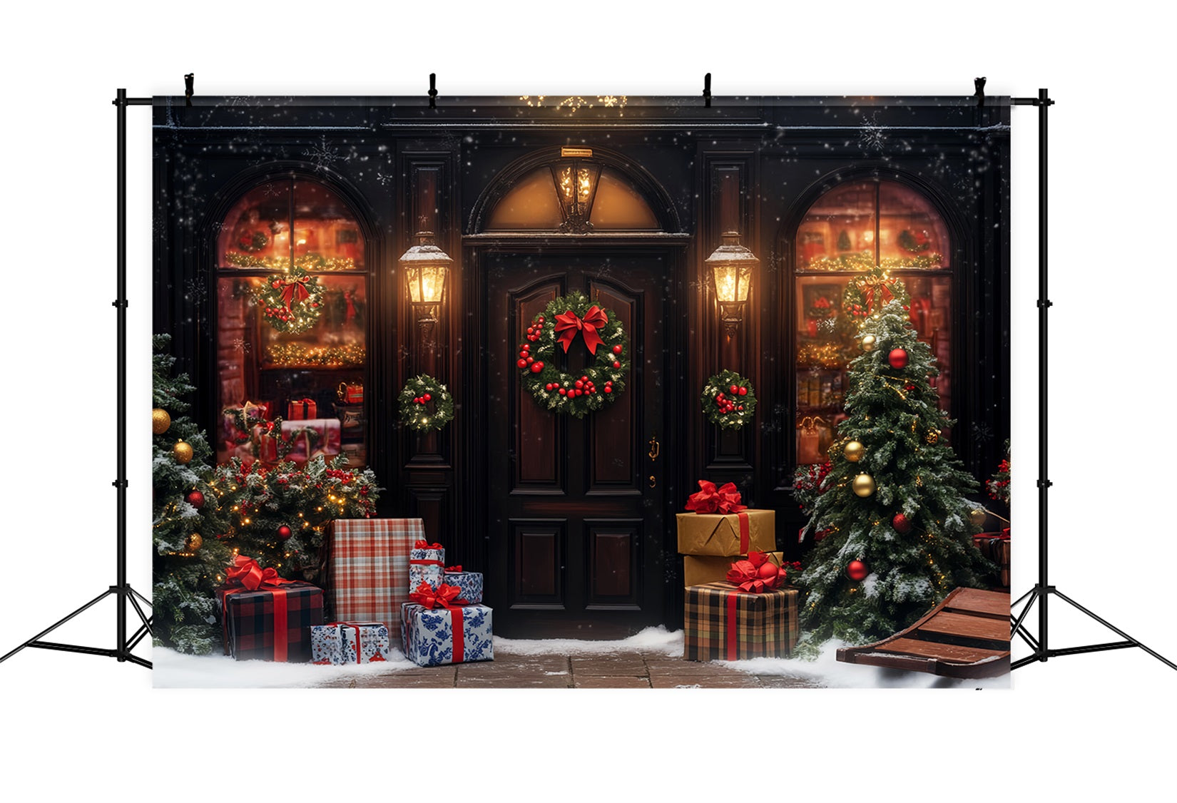 Christmas Village Backdrop Warm Lights Snowy Entrance Christmas Photo Backdrop UK LXX59-193