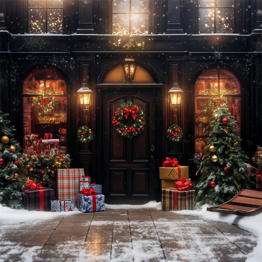 Christmas Village Backdrop Warm Lights Snowy Entrance Christmas Photo Backdrop UK LXX59-193