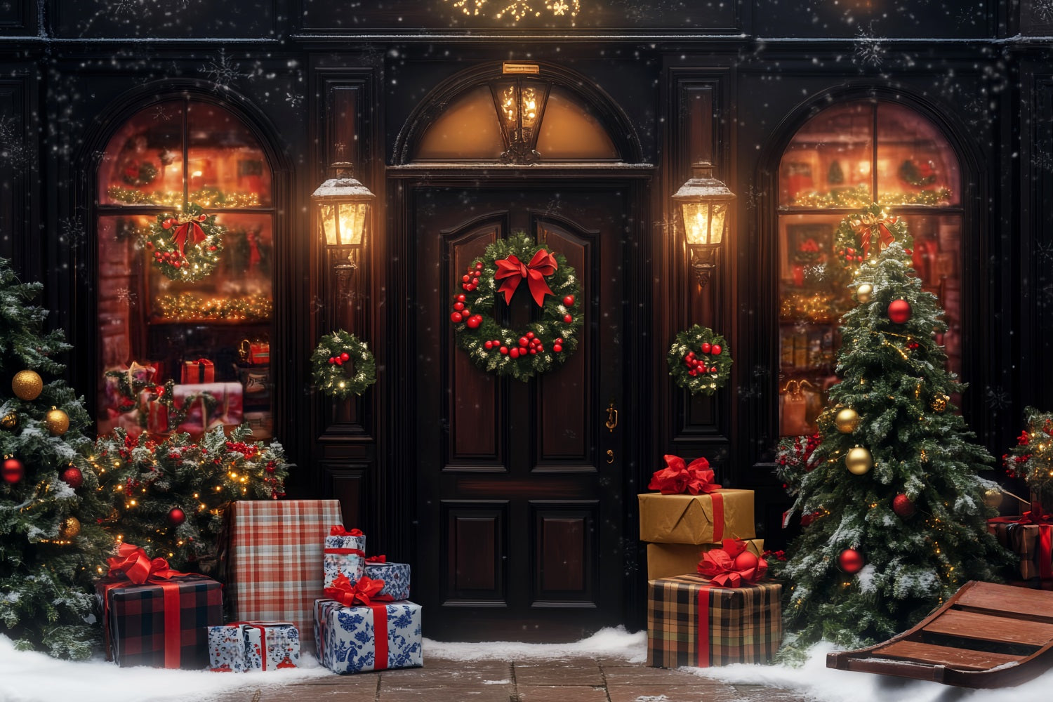 Christmas Village Backdrop Warm Lights Snowy Entrance Christmas Photo Backdrop UK LXX59-193
