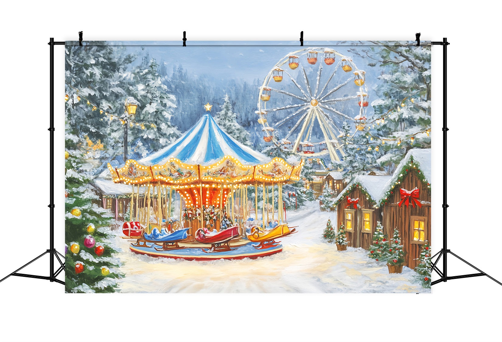 Christmas Village Backdrop Winter Carnival Carousel Lights Christmas Photo Backdrop UK LXX59-194