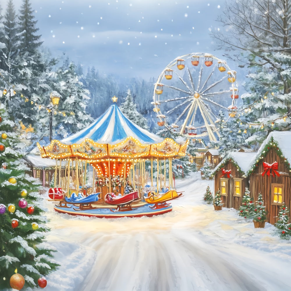 Christmas Village Backdrop Winter Carnival Carousel Lights Christmas Photo Backdrop UK LXX59-194