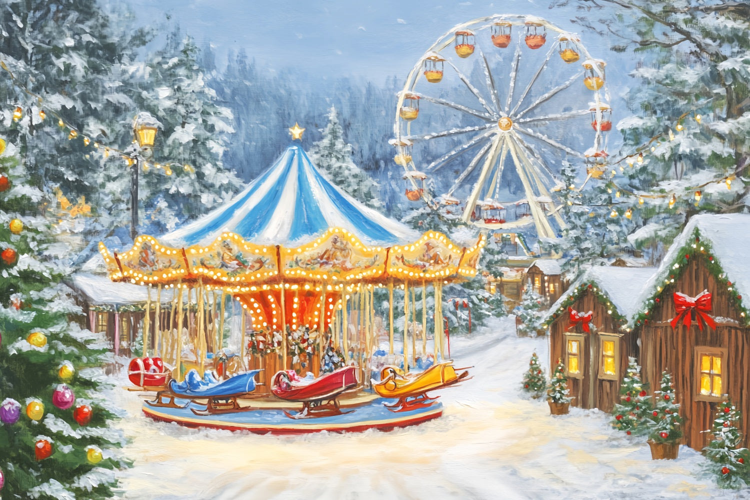 Christmas Village Backdrop Winter Carnival Carousel Lights Christmas Photo Backdrop UK LXX59-194