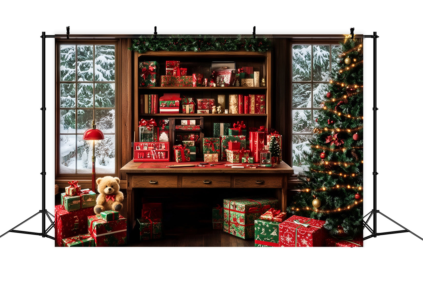 Santa Backdrop Gift Wrapped Cozy Study Room Christmas Backdrops for Photography UK LXX59-195
