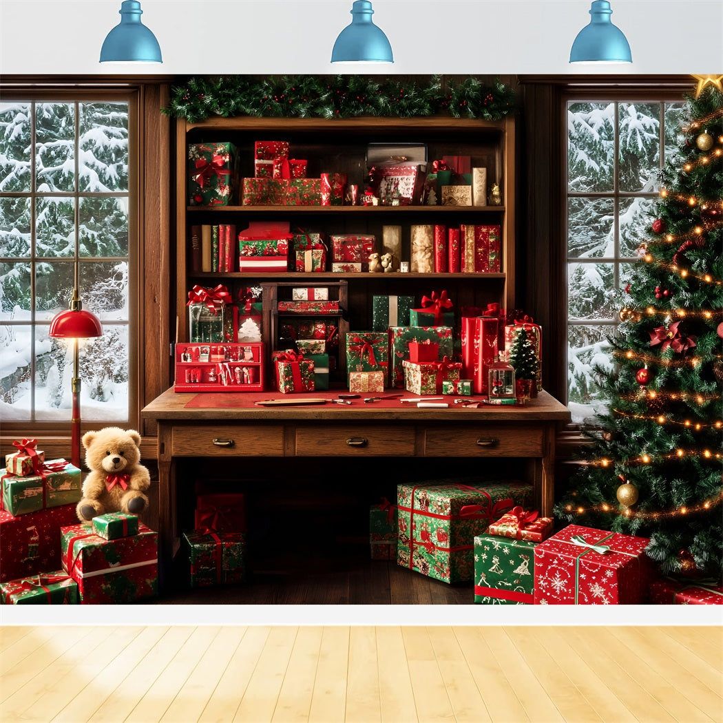 Santa Backdrop Gift Wrapped Cozy Study Room Christmas Backdrops for Photography UK LXX59-195