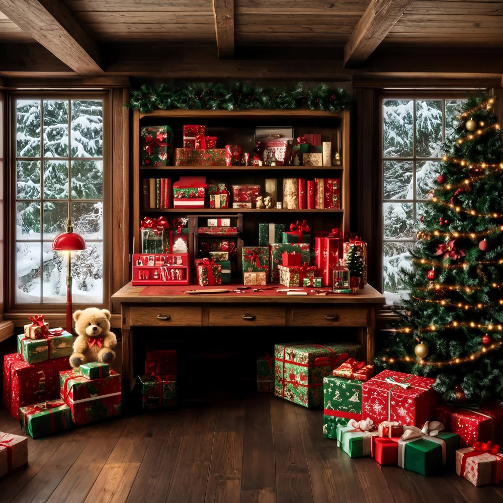 Santa Backdrop Gift Wrapped Cozy Study Room Christmas Backdrops for Photography UK LXX59-195