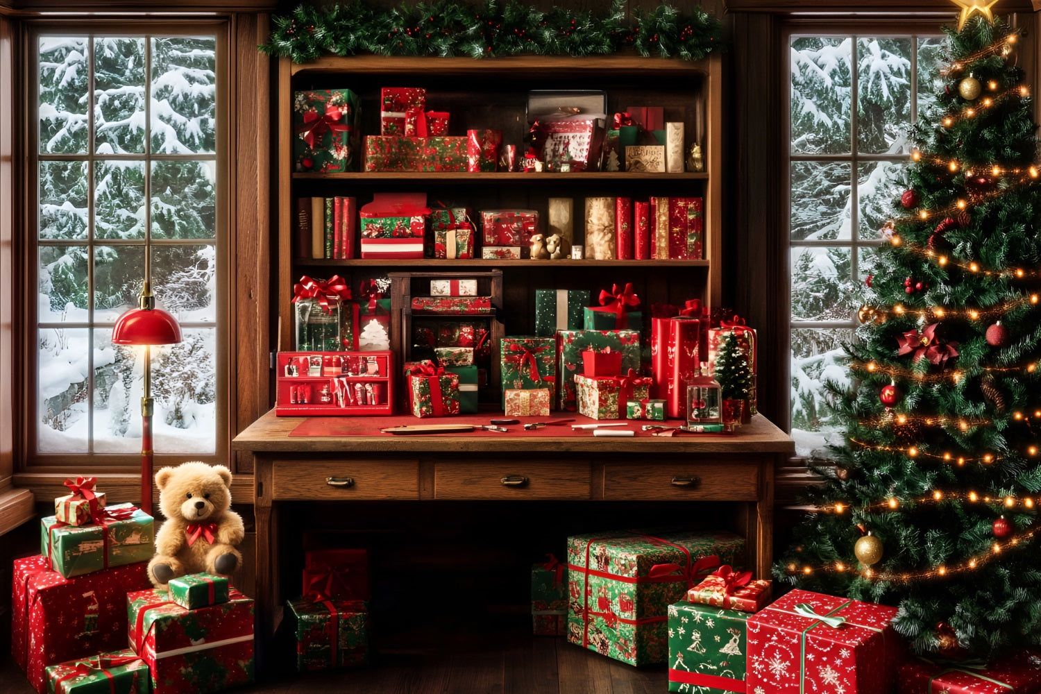 Santa Backdrop Gift Wrapped Cozy Study Room Christmas Backdrops for Photography UK LXX59-195