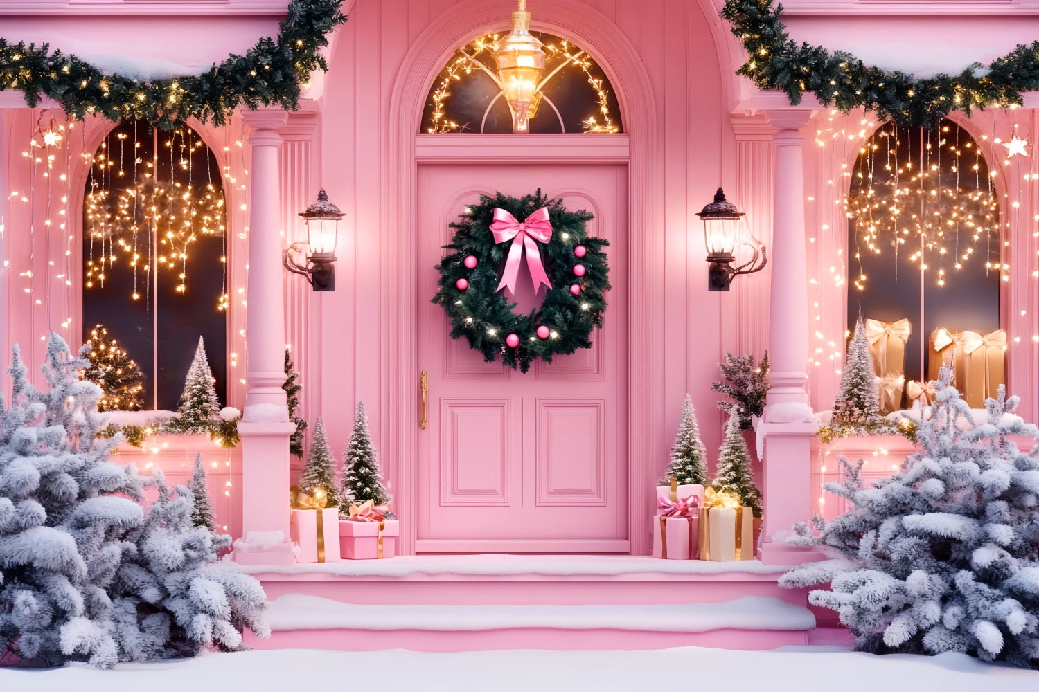 Pink Christmas Backdrop Holiday Door Entrance Christmas Photography Backdrops UK LXX59-198