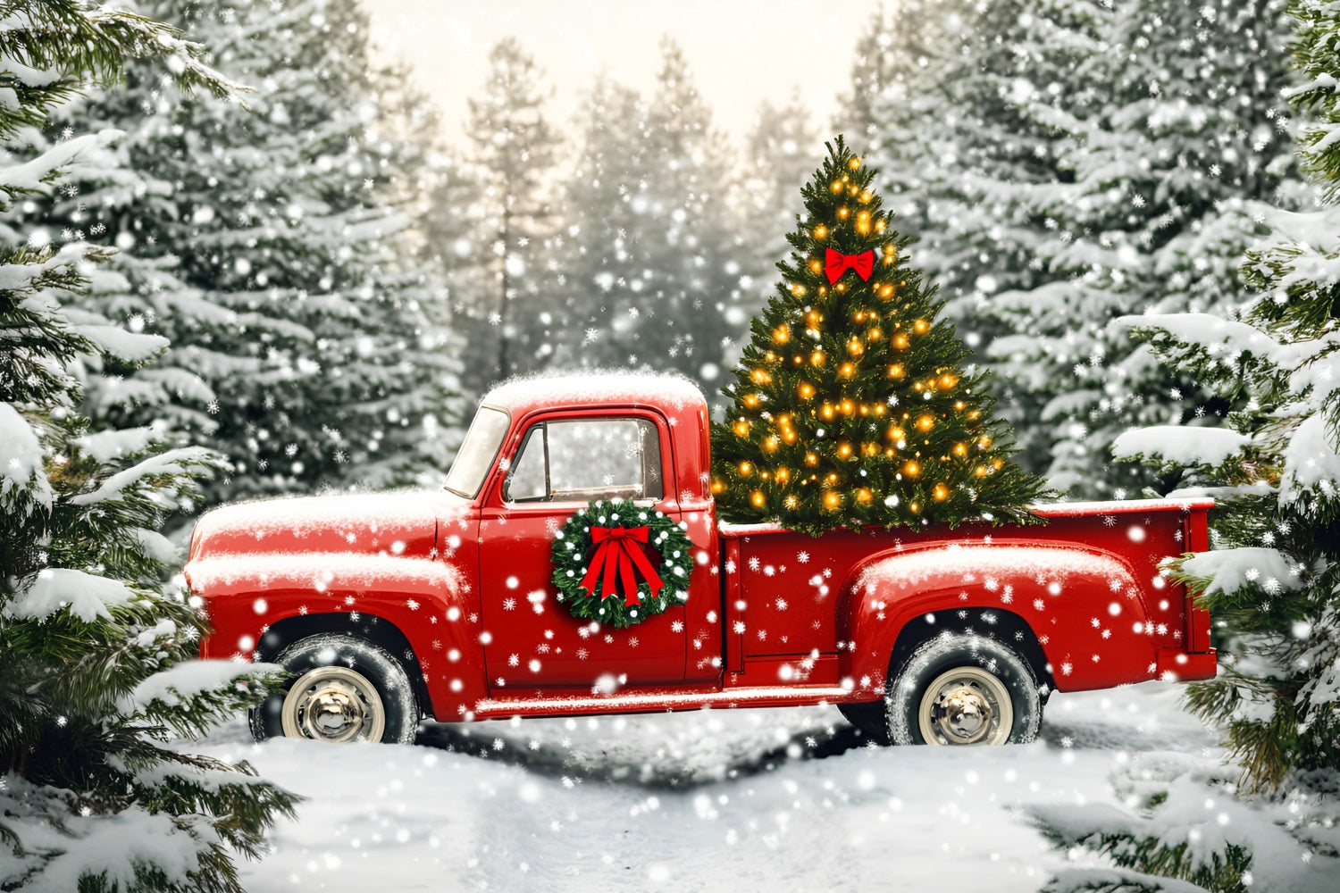 Tree Farm Backdrop Red Truck Snowy Christmas Tree Christmas Backdrop Ideas UK LXX59-199