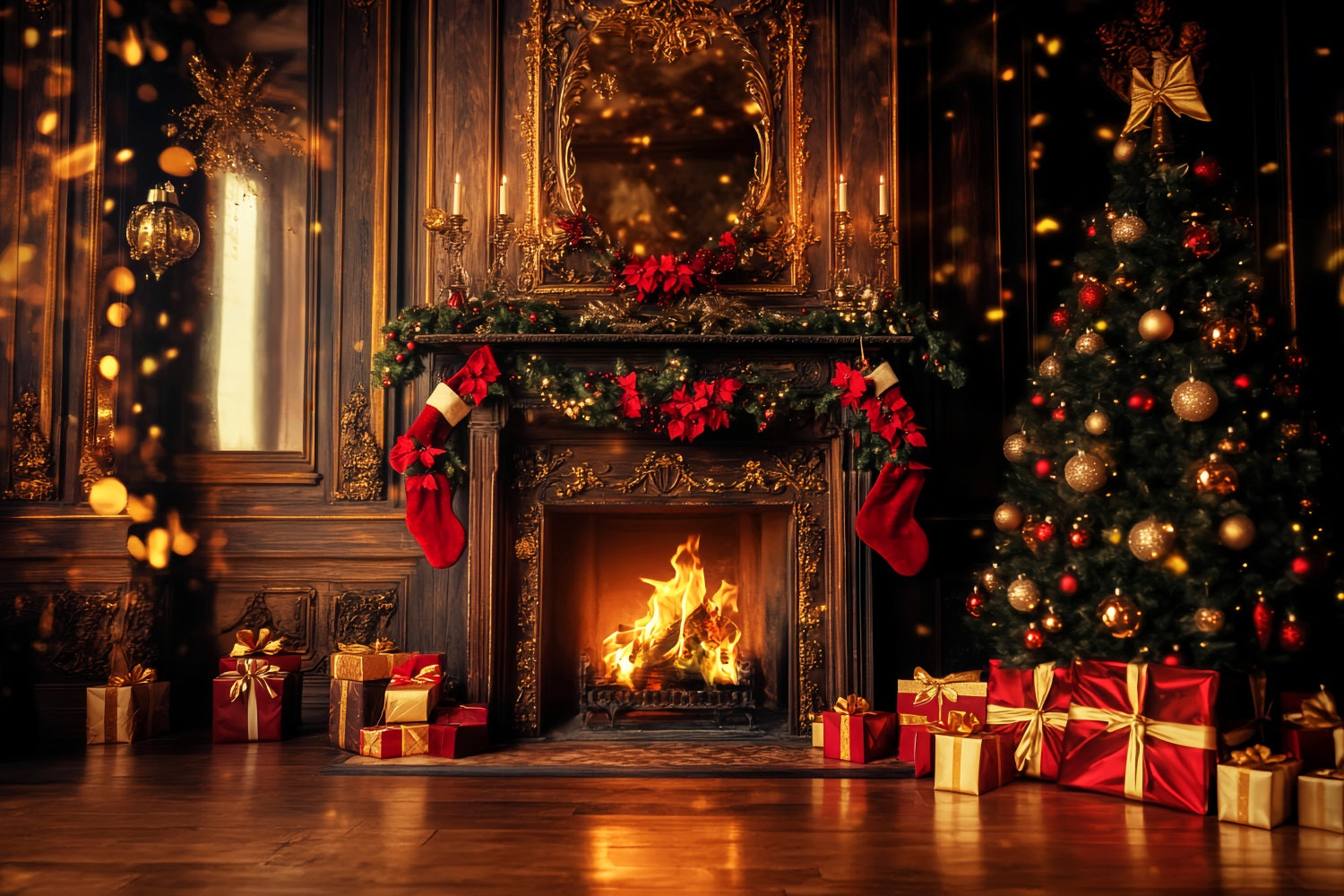Red Christmas Backdrop Golden Fireplace Stockings Glow Christmas Backdrop UK LXX59-202