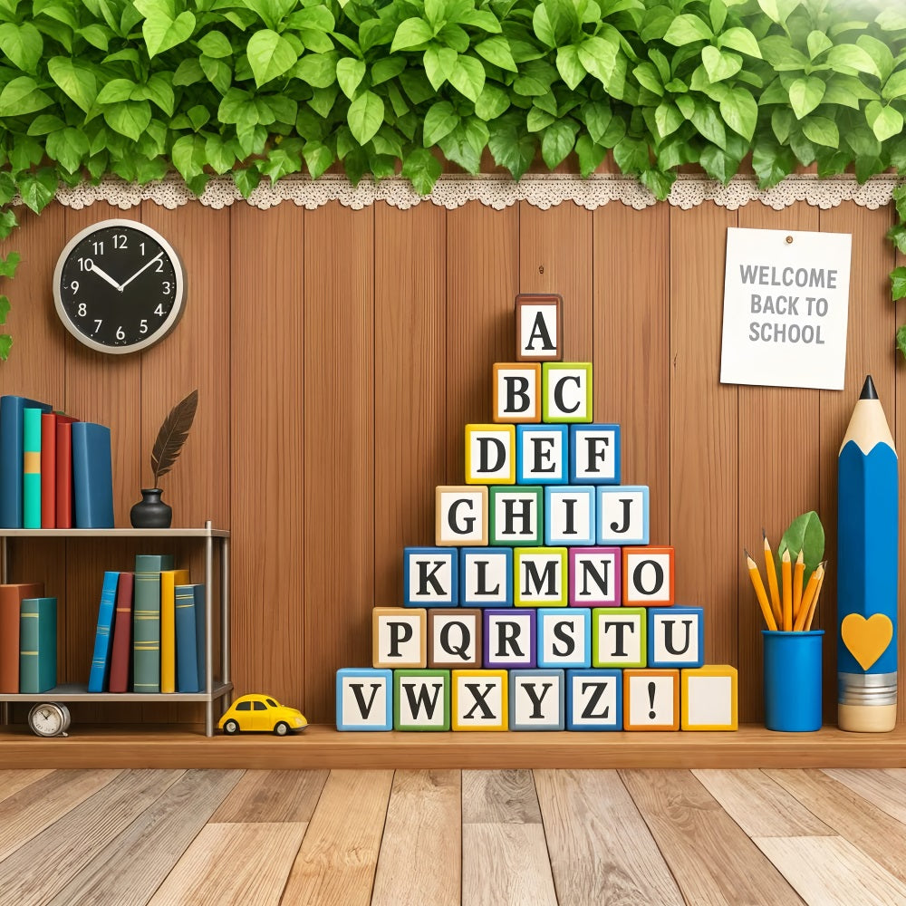 Back To School Backdrop Alphabet Blocks Wooden Classroom Preschool Backdrop UK LXX59-210