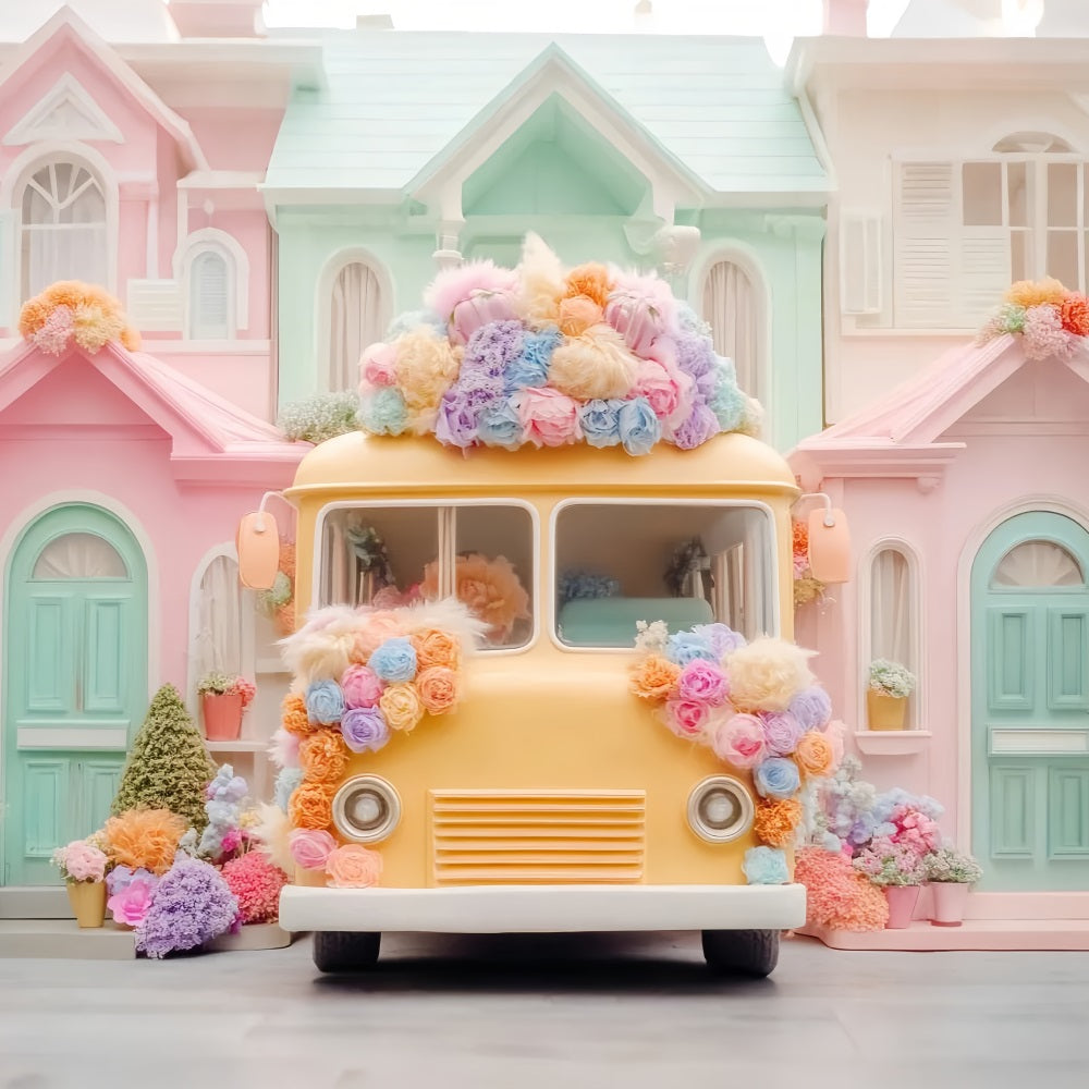 School Bus Backdrop Pastel School Bus Flowers Back To School Backdrops UK LXX59-220