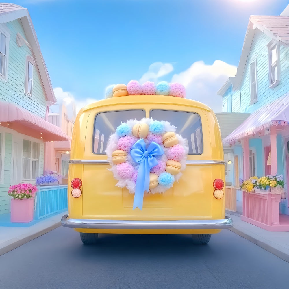 School Bus Backdrop Yellow Bus Pastel Wreath Back To School Backdrop Ideas UK LXX59-221