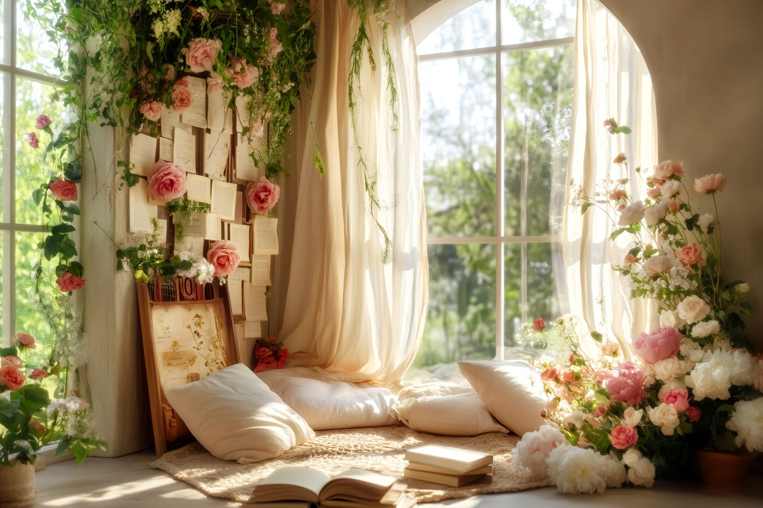 Back To School Backdrops Window Reading Corner Flowers School Picture Backdrop UK LXX59-223