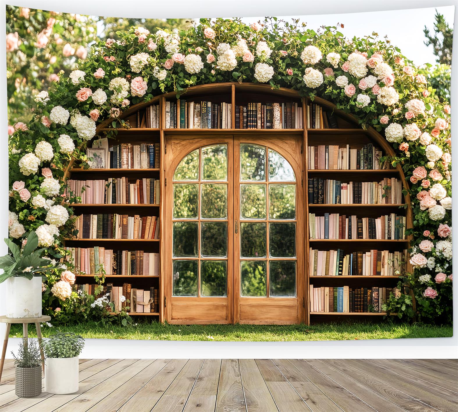 Back To School Backdrops Floral Archway Outdoor Bookshelf School Picture Backdrops UK LXX59-227