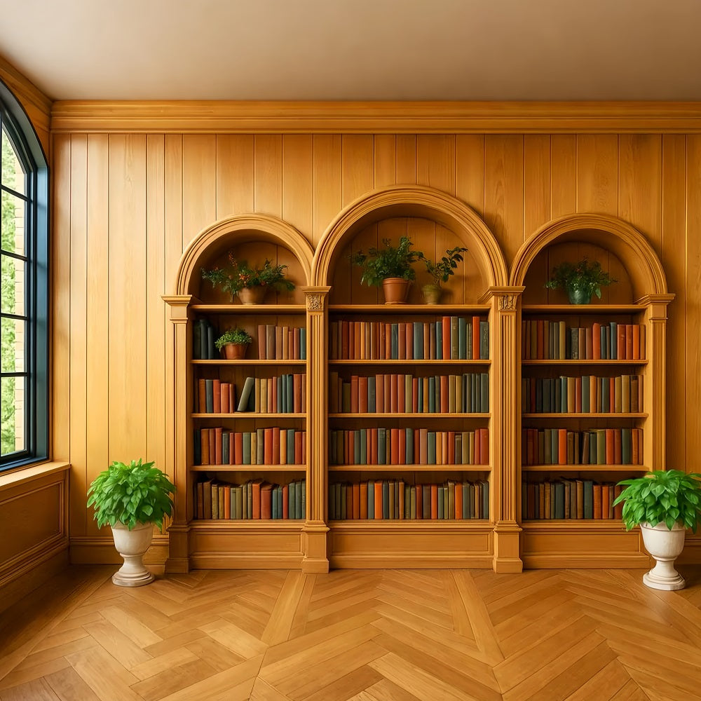 Back To School Backdrops Wooden Bookshelf Green Plants School Picture Backdrop UK LXX59-231