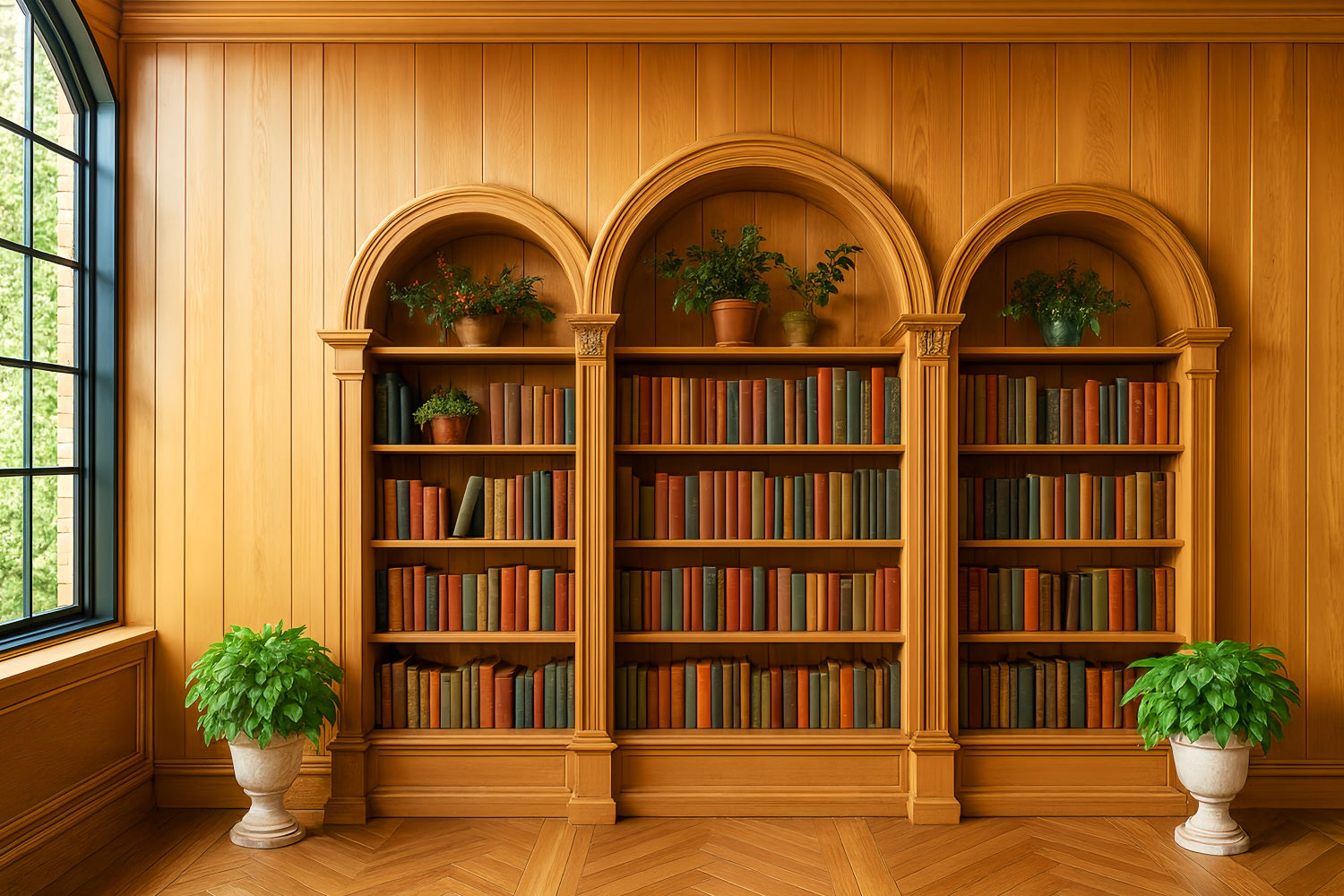 Back To School Backdrops Wooden Bookshelf Green Plants School Picture Backdrop UK LXX59-231