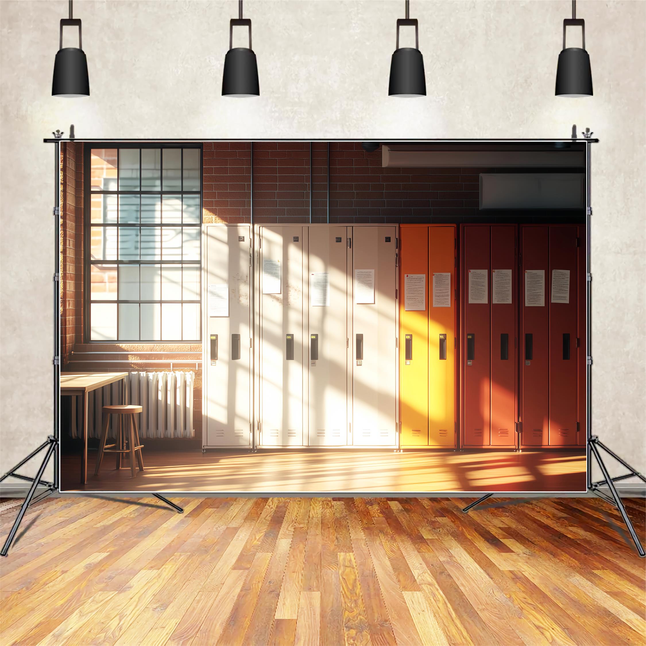 School Hallway Backdrop Bright Sunlit Hallway Lockers School Picture Backdrop UK LXX59-235