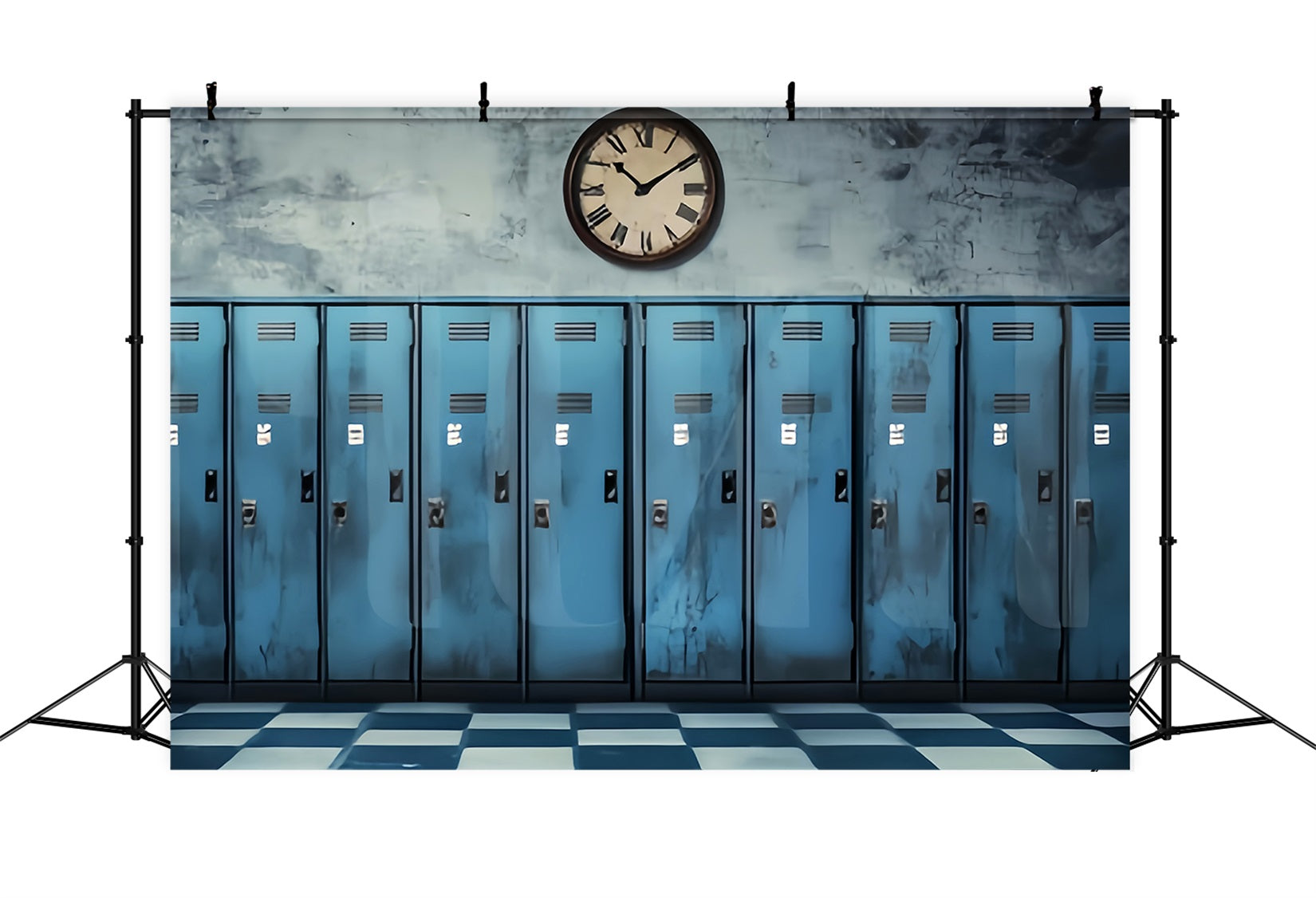 School Hallway Backdrop Vintage Blue Lockers Clock Back To School Backdrop Ideas UK LXX59-237